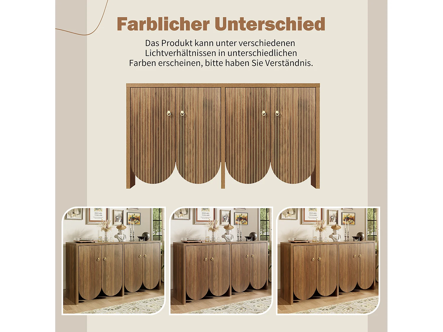 Buffet élégant aspect noyer - 147 x 40 x 80 cm - avec 4 portes + étagères réglables - MDF - naturel