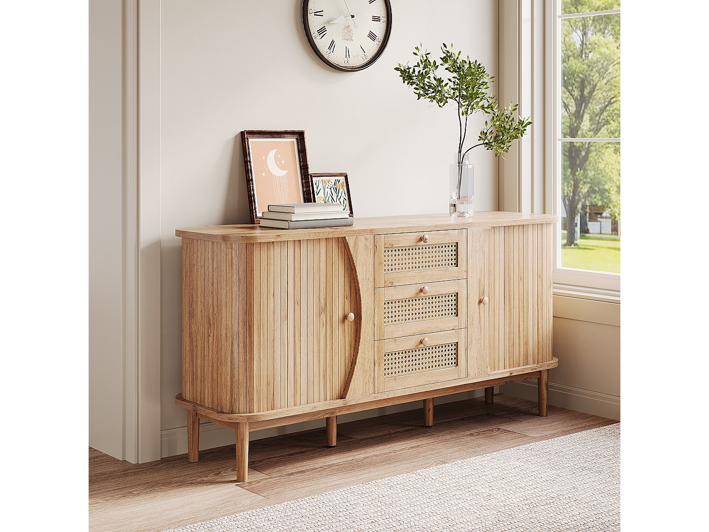 Credenza 6 Cassetti In Stile Retrò - 120x40x76 Cm, Noce, Ante In Rattan, Gambe In Legno