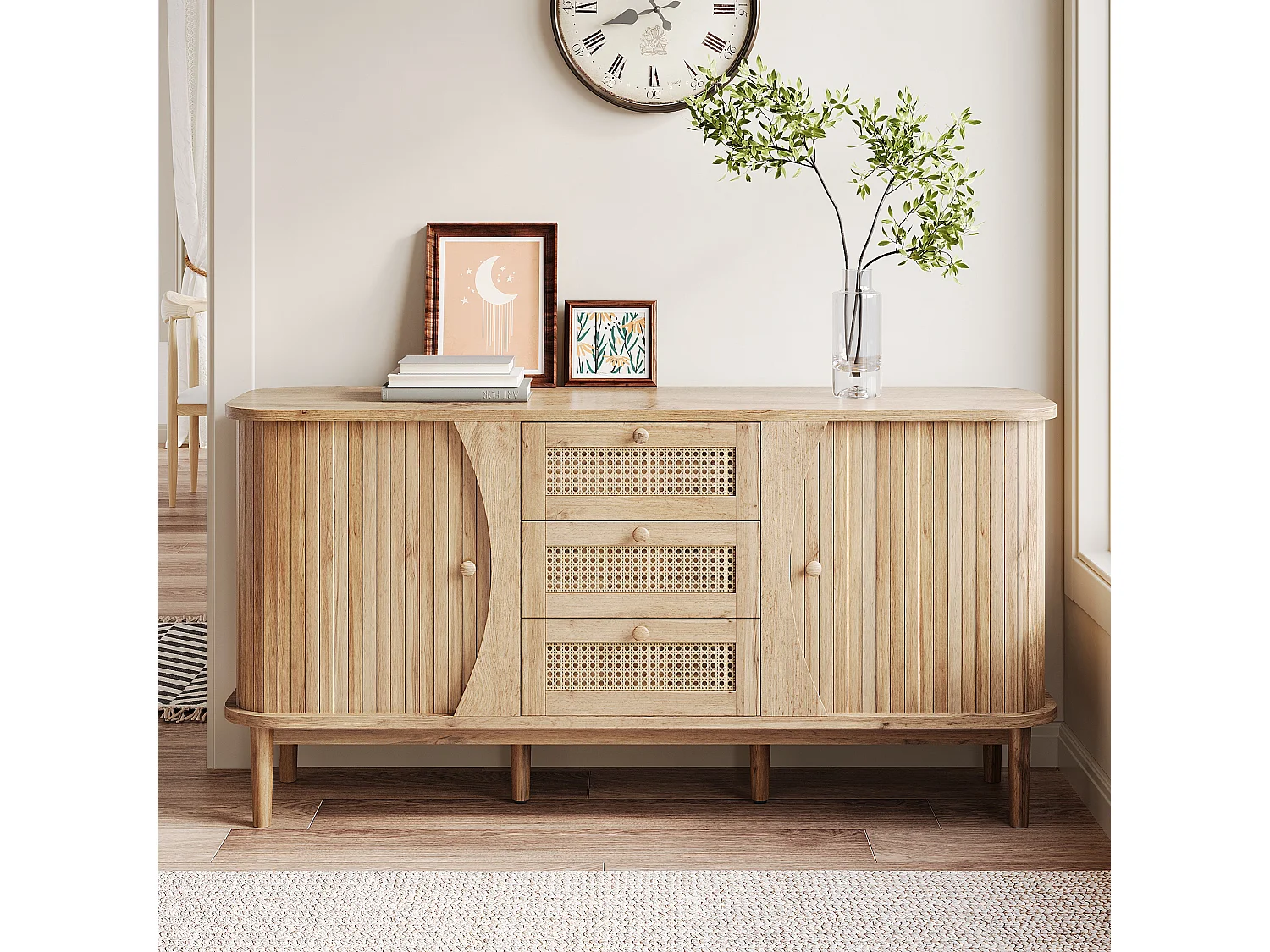 Buffet en rotin - 140.5 x 40 x 76 cm - avec 2 portes coulissantes + 3 tiroirs - aggloméré - naturel