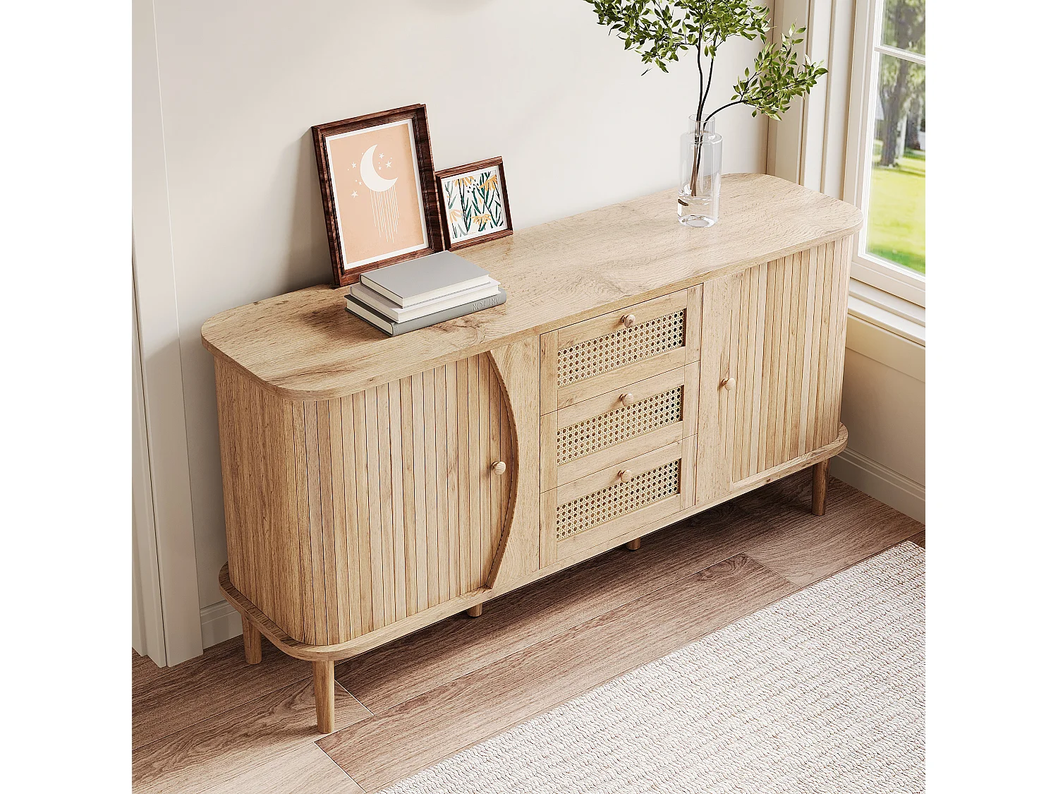 Buffet en rotin - 140.5 x 40 x 76 cm - avec 2 portes coulissantes + 3 tiroirs - aggloméré - naturel