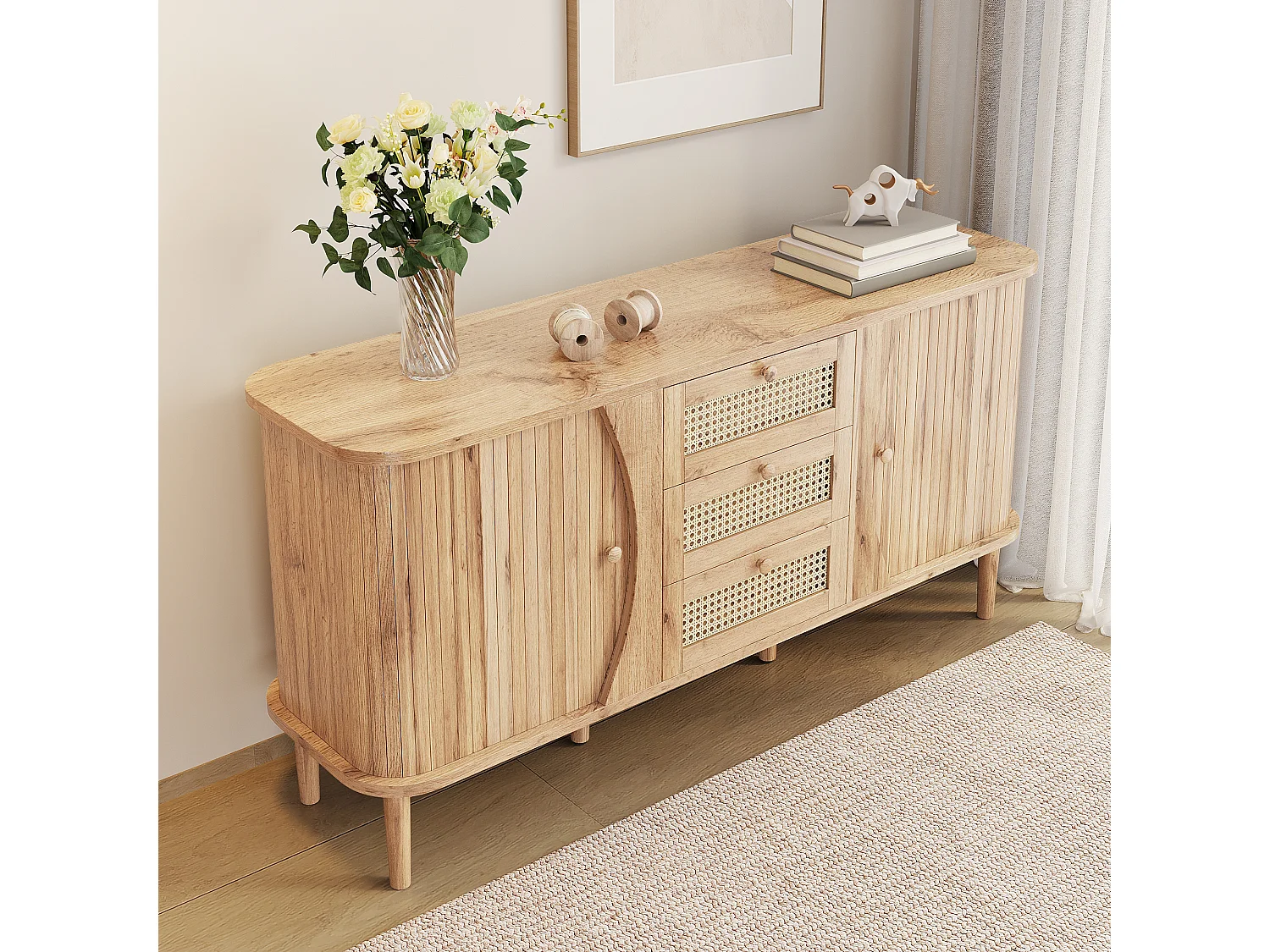 Buffet en rotin - 140.5 x 40 x 76 cm - avec 2 portes coulissantes + 3 tiroirs - aggloméré - naturel