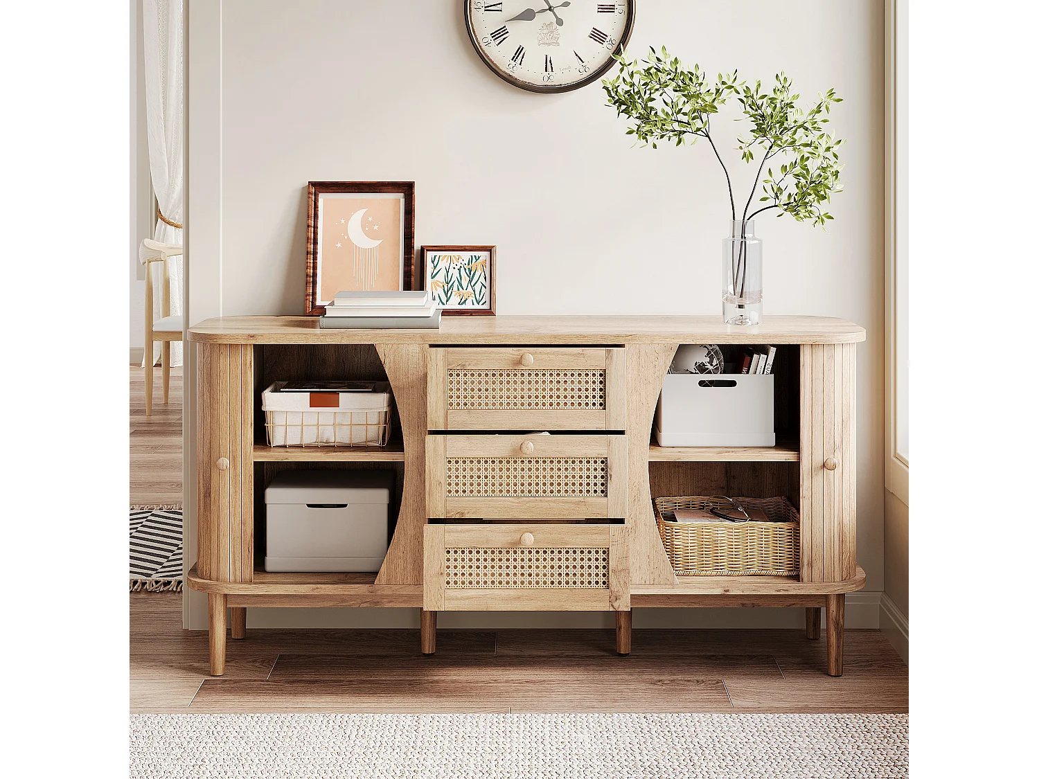 Buffet en rotin - 140.5 x 40 x 76 cm - avec 2 portes coulissantes + 3 tiroirs - aggloméré - naturel