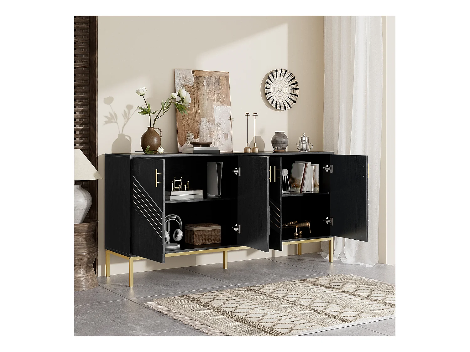 Buffet moderne à 4 portes pour salon - 160 x 40 x 80.5 cm - avec pieds en métal + étagères réglables - MDF - noir