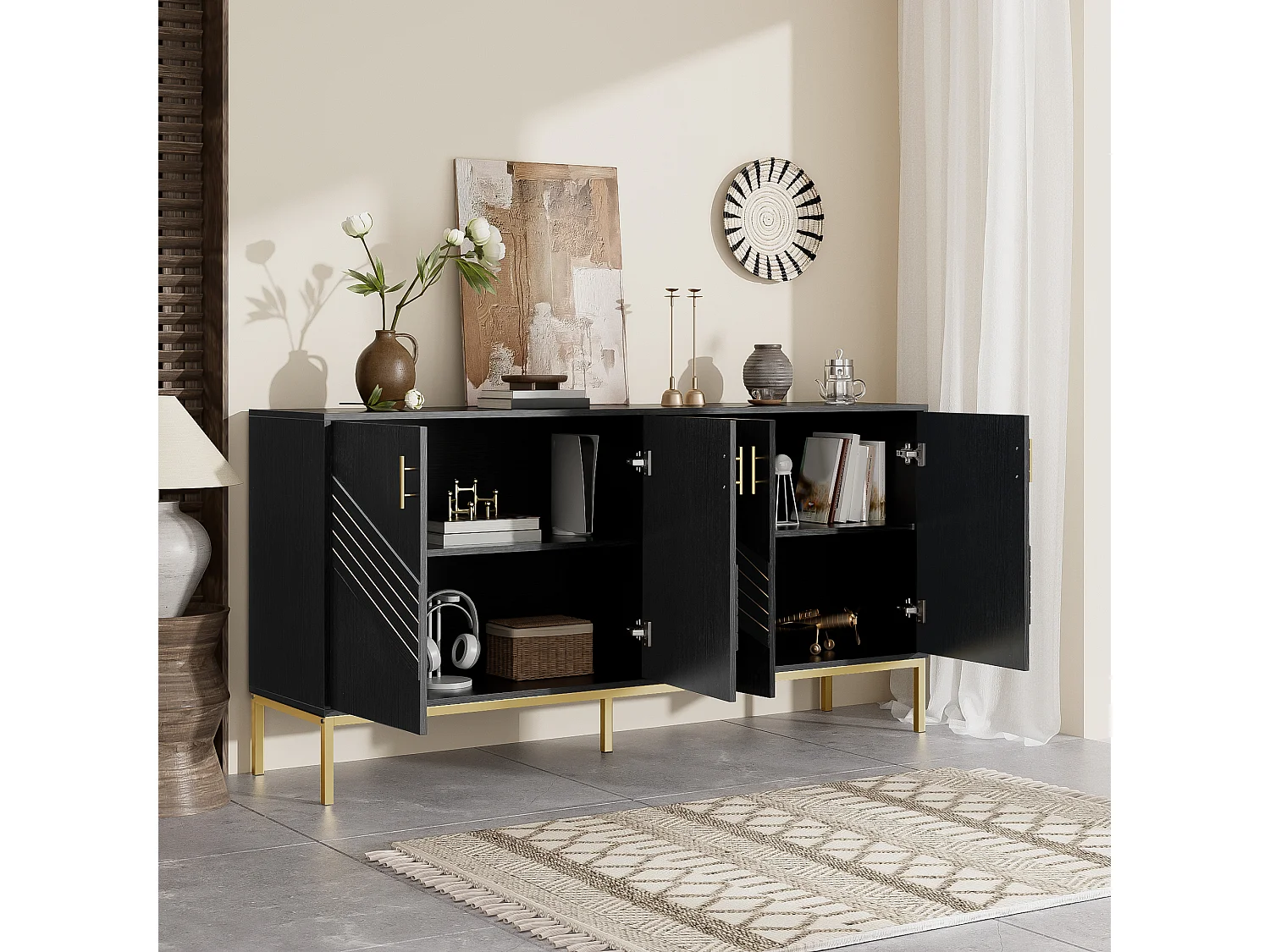 Modern 4-deurs dressoir voor de woonkamer - 160 x 40 x 80,5 cm - met metalen poten + verstelbare planken - MDF - zwart