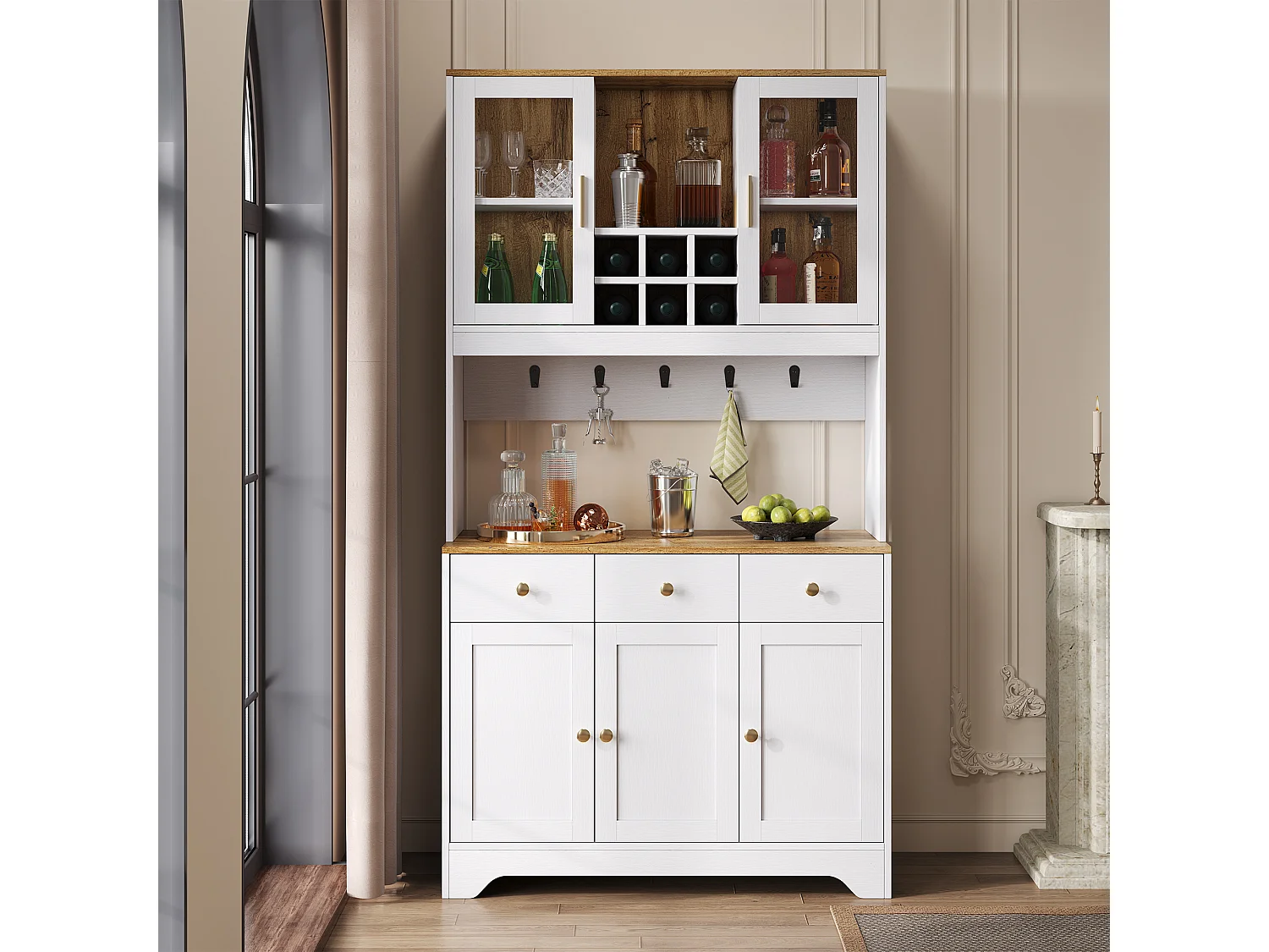 Buffet haut de cuisine - 94.5 x 30 x 175.5 cm - avec 5 portes + 3 tiroirs - MDF - blanc