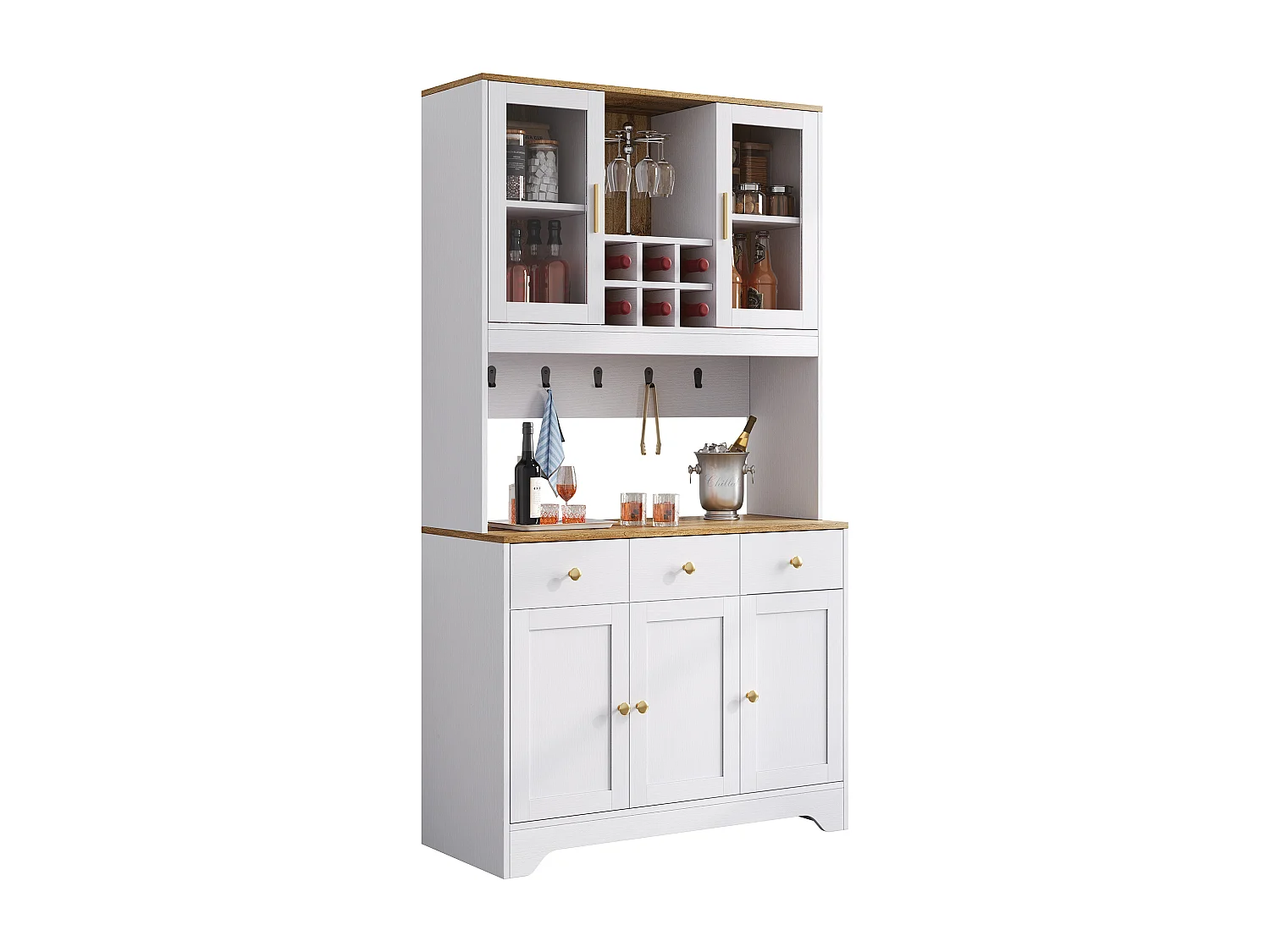 Buffet haut de cuisine - 94.5 x 30 x 175.5 cm - avec 5 portes + 3 tiroirs - MDF - blanc