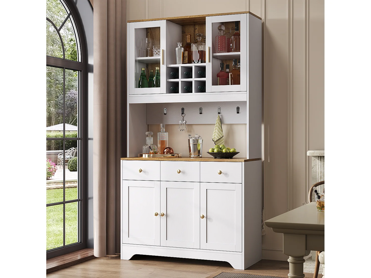 Buffet haut de cuisine - 94.5 x 30 x 175.5 cm - avec 5 portes + 3 tiroirs - MDF - blanc