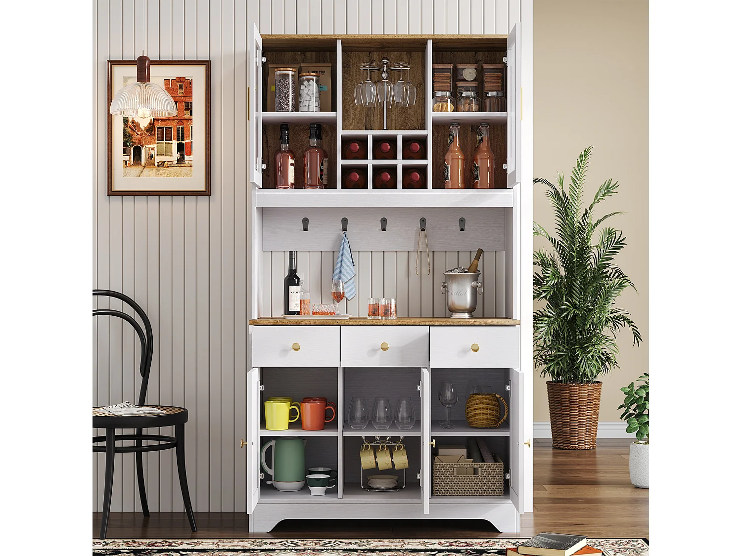 Buffet haut de cuisine - 94.5 x 30 x 175.5 cm - avec 5 portes + 3 tiroirs - MDF - blanc