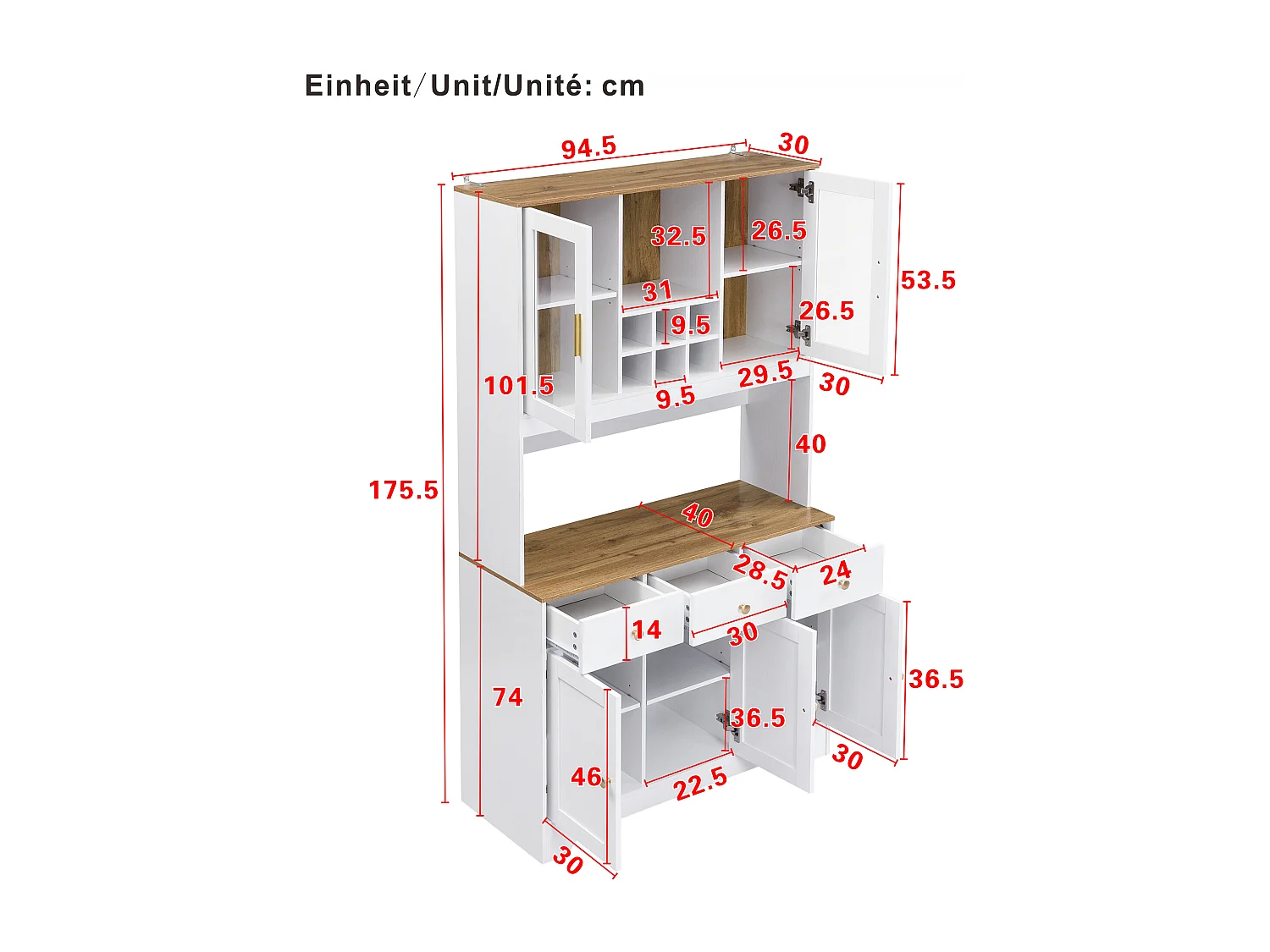 Buffet haut de cuisine - 94.5 x 30 x 175.5 cm - avec 5 portes + 3 tiroirs - MDF - blanc