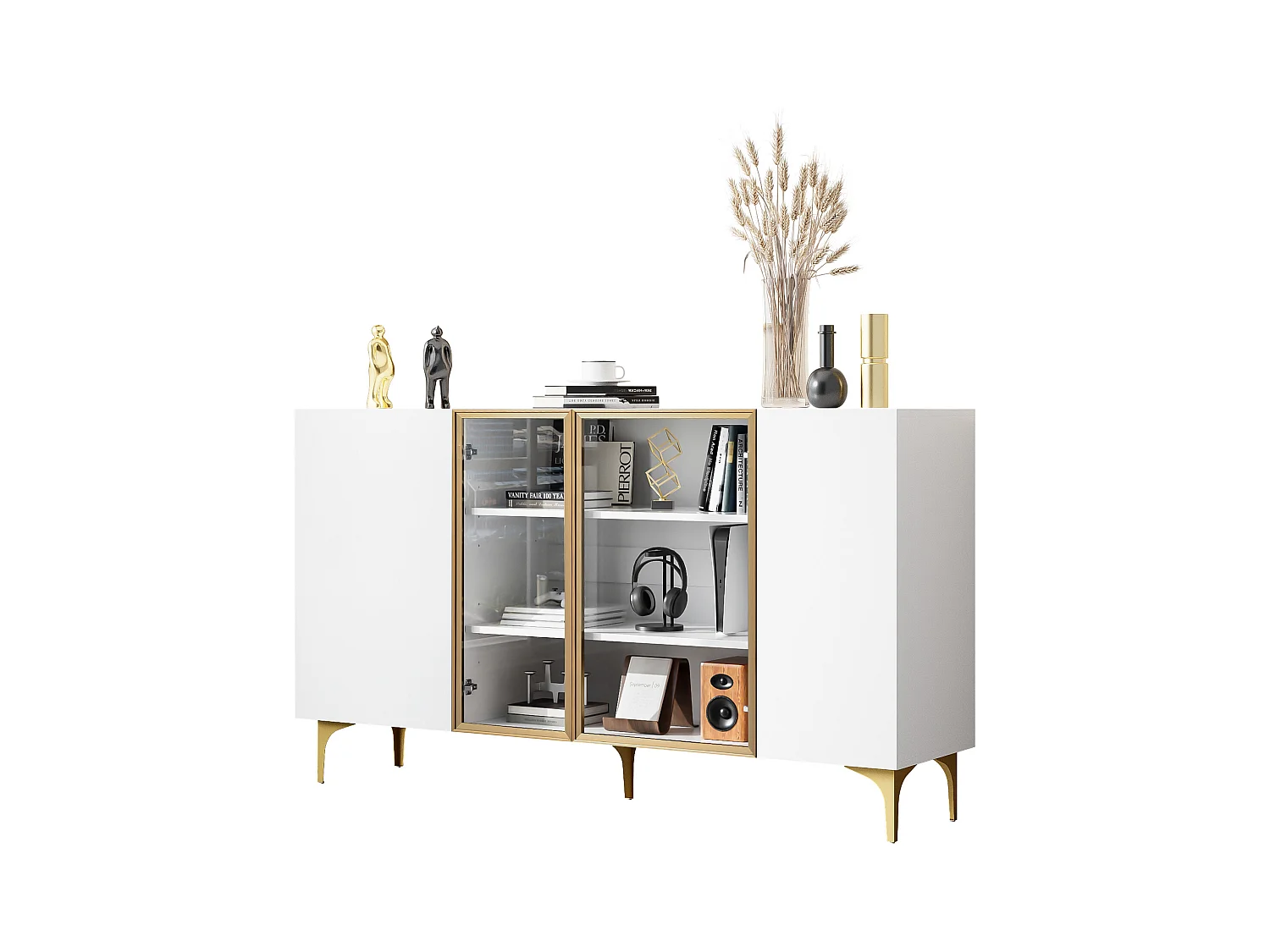 Buffet élégant 4 portes - 150 x 38 x 85 cm -  2 portes en verre - MDF - blanc