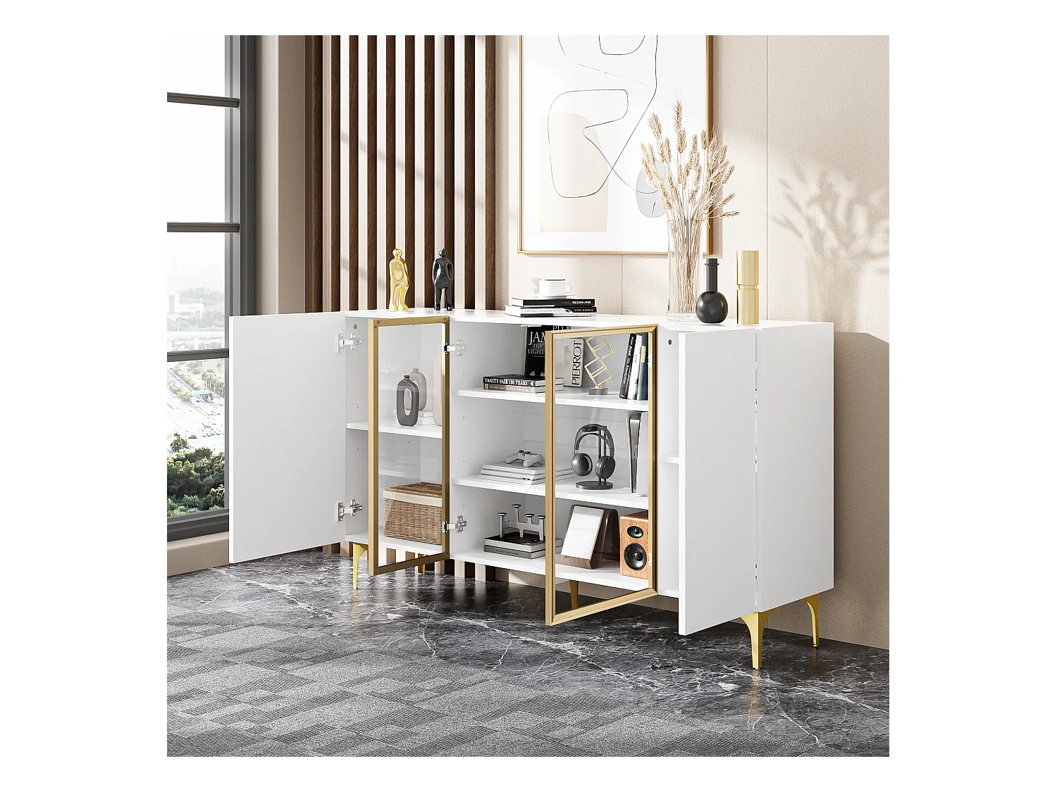 Buffet élégant 4 portes - 150 x 38 x 85 cm -  2 portes en verre - MDF - blanc