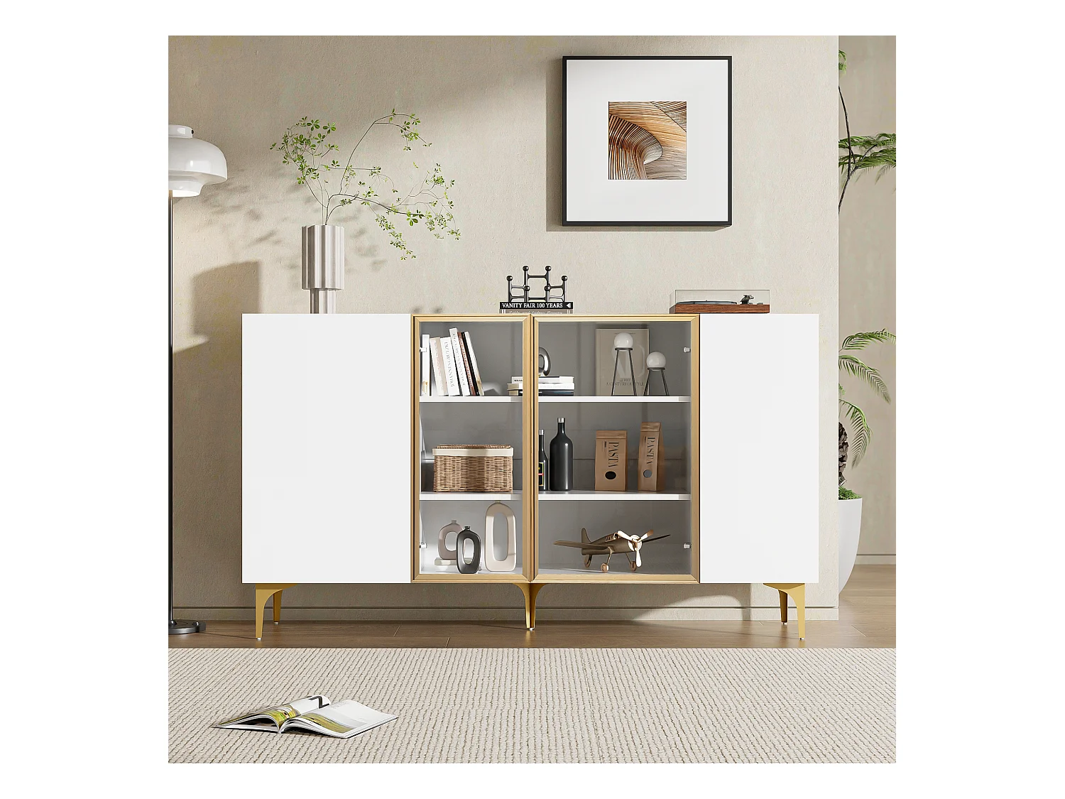 Elegantes 4-türiges Sideboard - 150 x 38 x 85 cm - 2 Glastüren - MDF - weiß