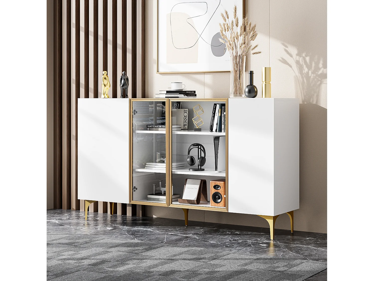 Elegante credenza a 4 ante - 150 x 38 x 85 cm - 2 ante in vetro - MDF - bianco