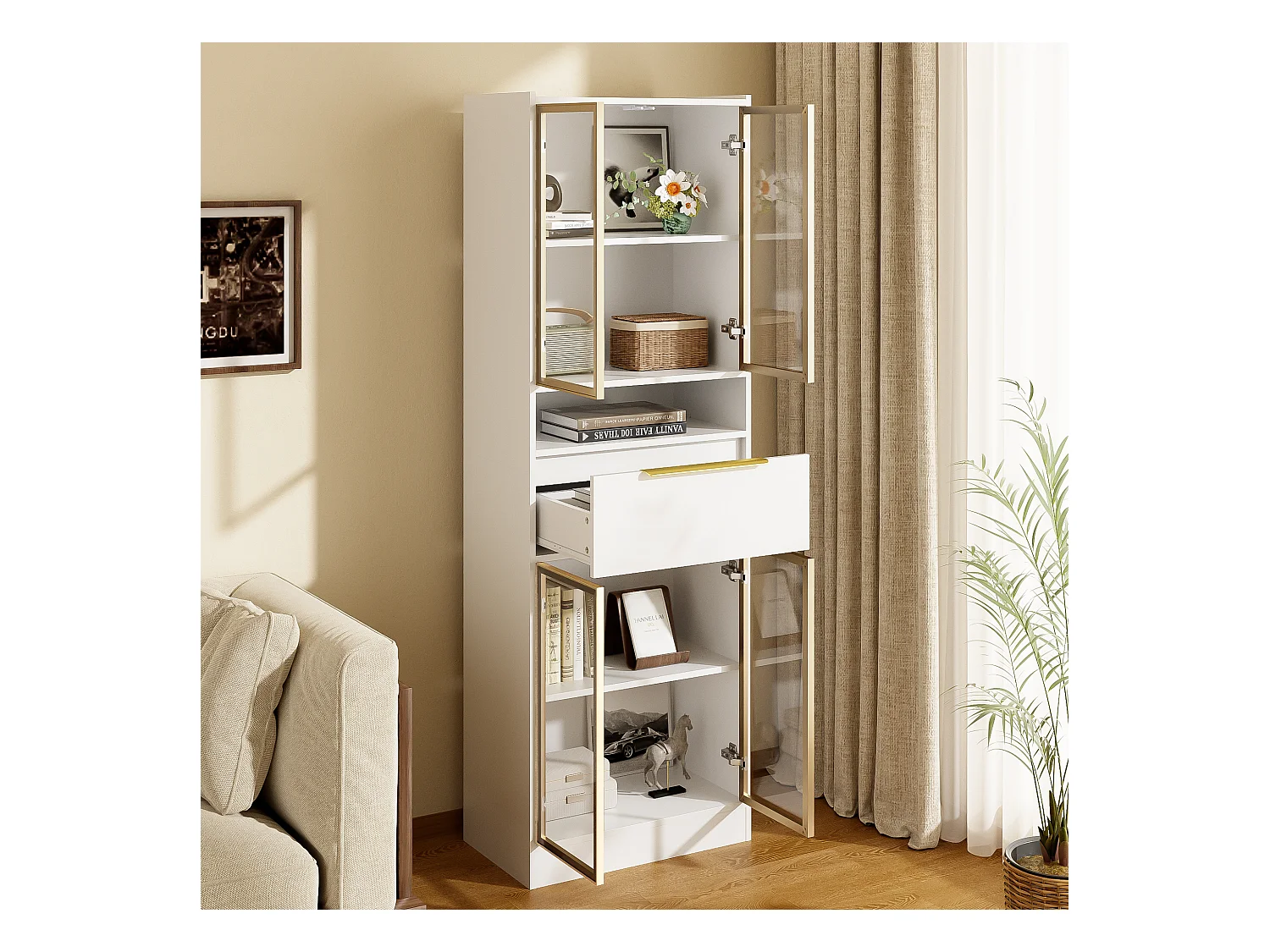 Bufft haut moderne avec Leds - 60 x 35 x 180cm – Vitrine avec 4 portes en verre + tiroir  - MDF  - blanc