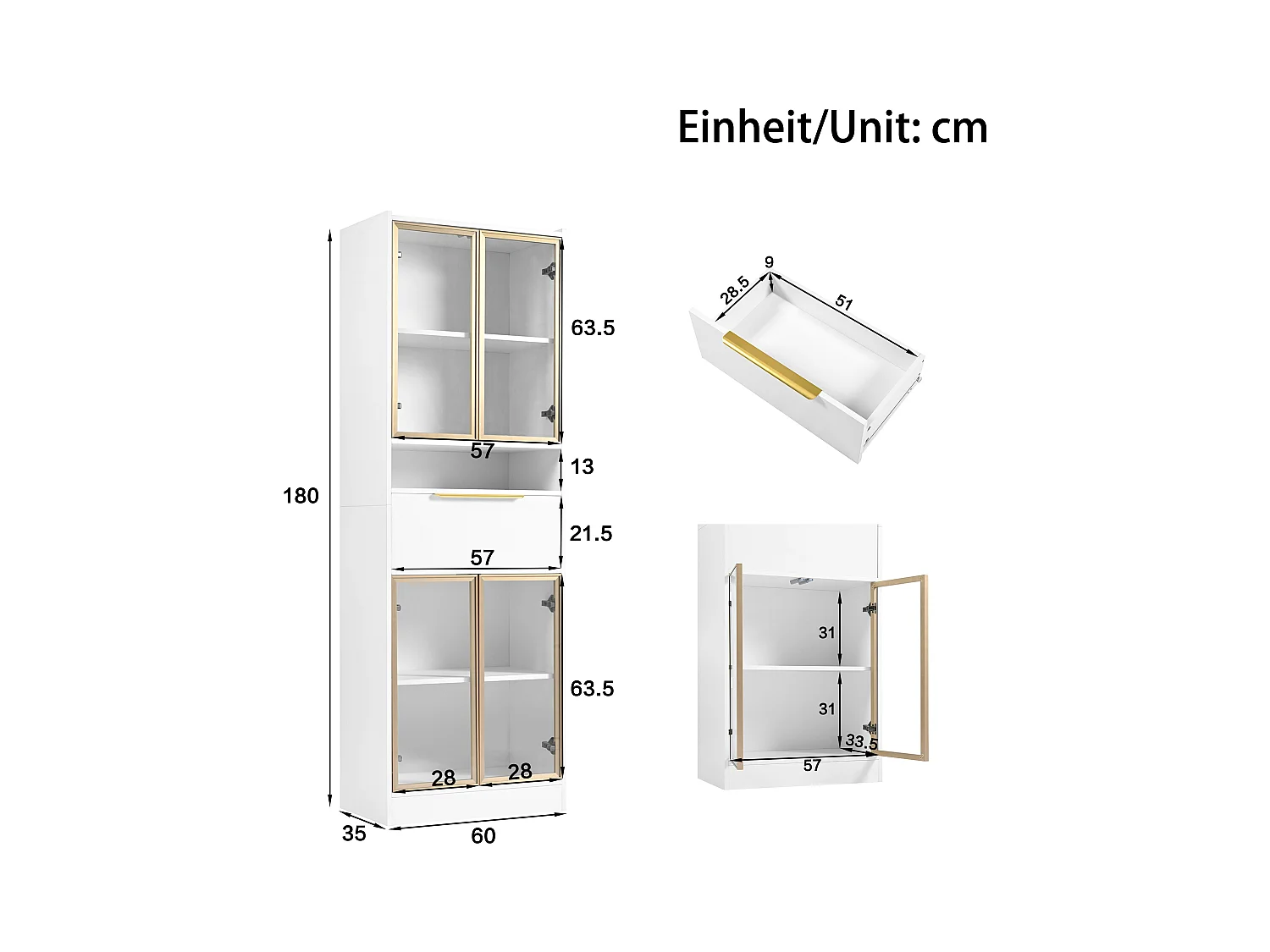 Bufft haut moderne avec Leds - 60 x 35 x 180cm – Vitrine avec 4 portes en verre + tiroir  - MDF  - blanc