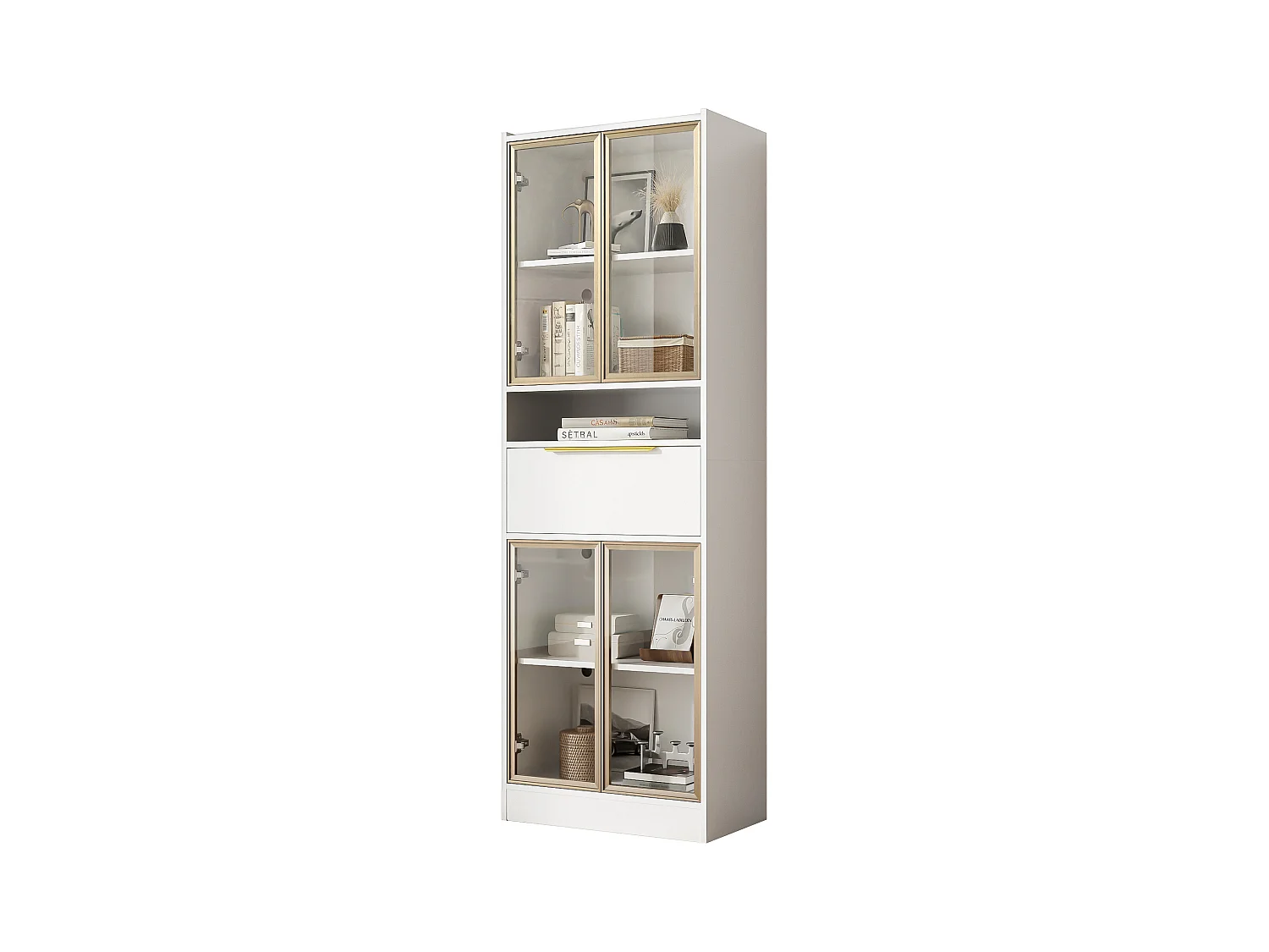 Bufft haut moderne avec Leds - 60 x 35 x 180cm – Vitrine avec 4 portes en verre + tiroir  - MDF  - blanc