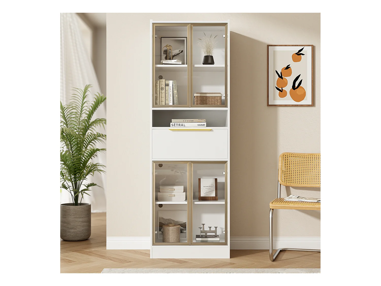 Bufft haut moderne avec Leds - 60 x 35 x 180cm – Vitrine avec 4 portes en verre + tiroir  - MDF  - blanc