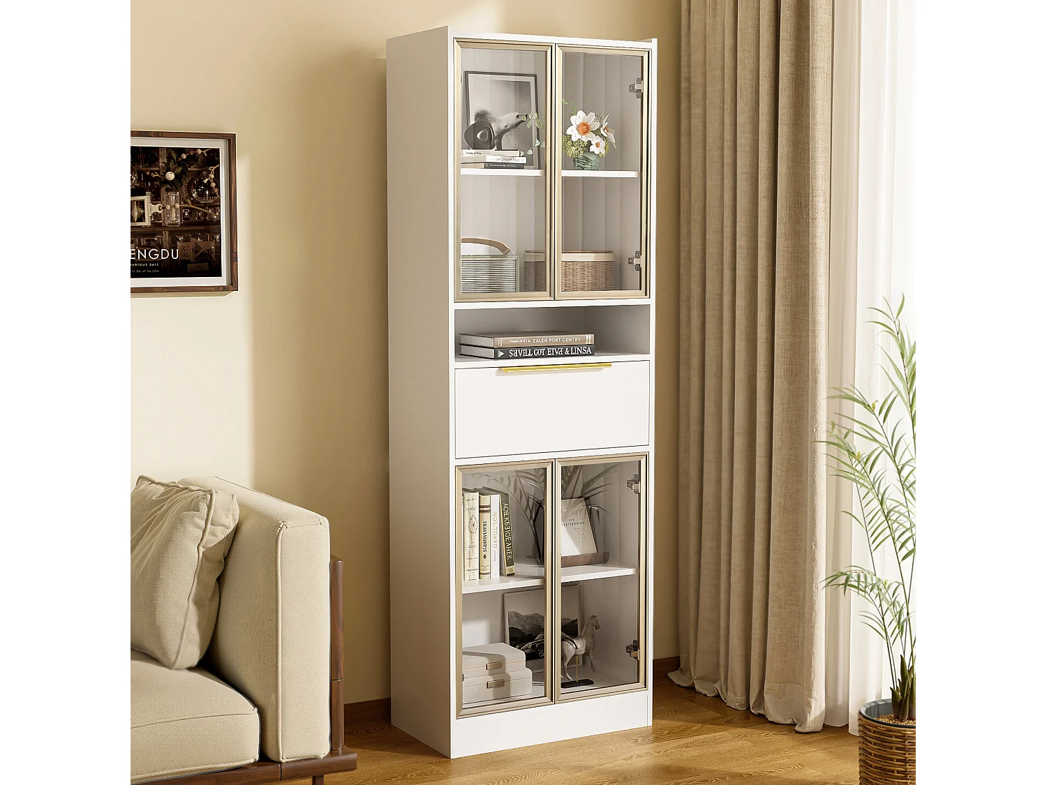 Bufft haut moderne avec Leds - 60 x 35 x 180cm – Vitrine avec 4 portes en verre + tiroir  - MDF  - blanc