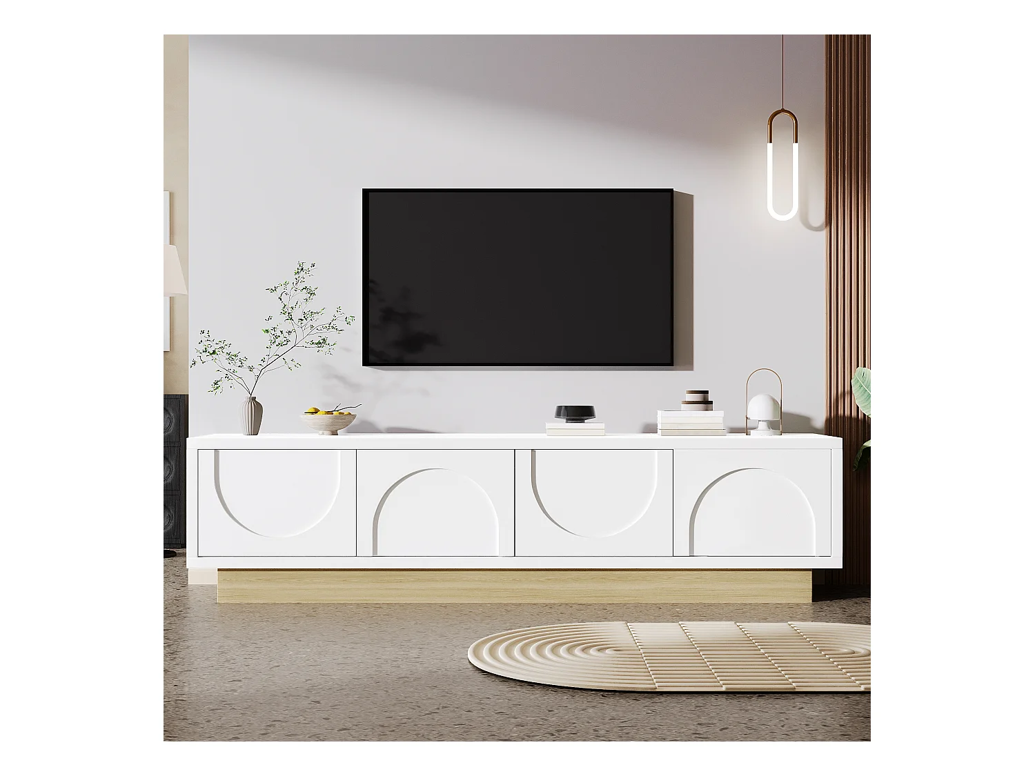 Moderner TV-Schrank - 175 x 40 x 42 cm - Minimalistisches geschwungenes Design - mit 4 Türen - MDF + Spanplatte - Weiß