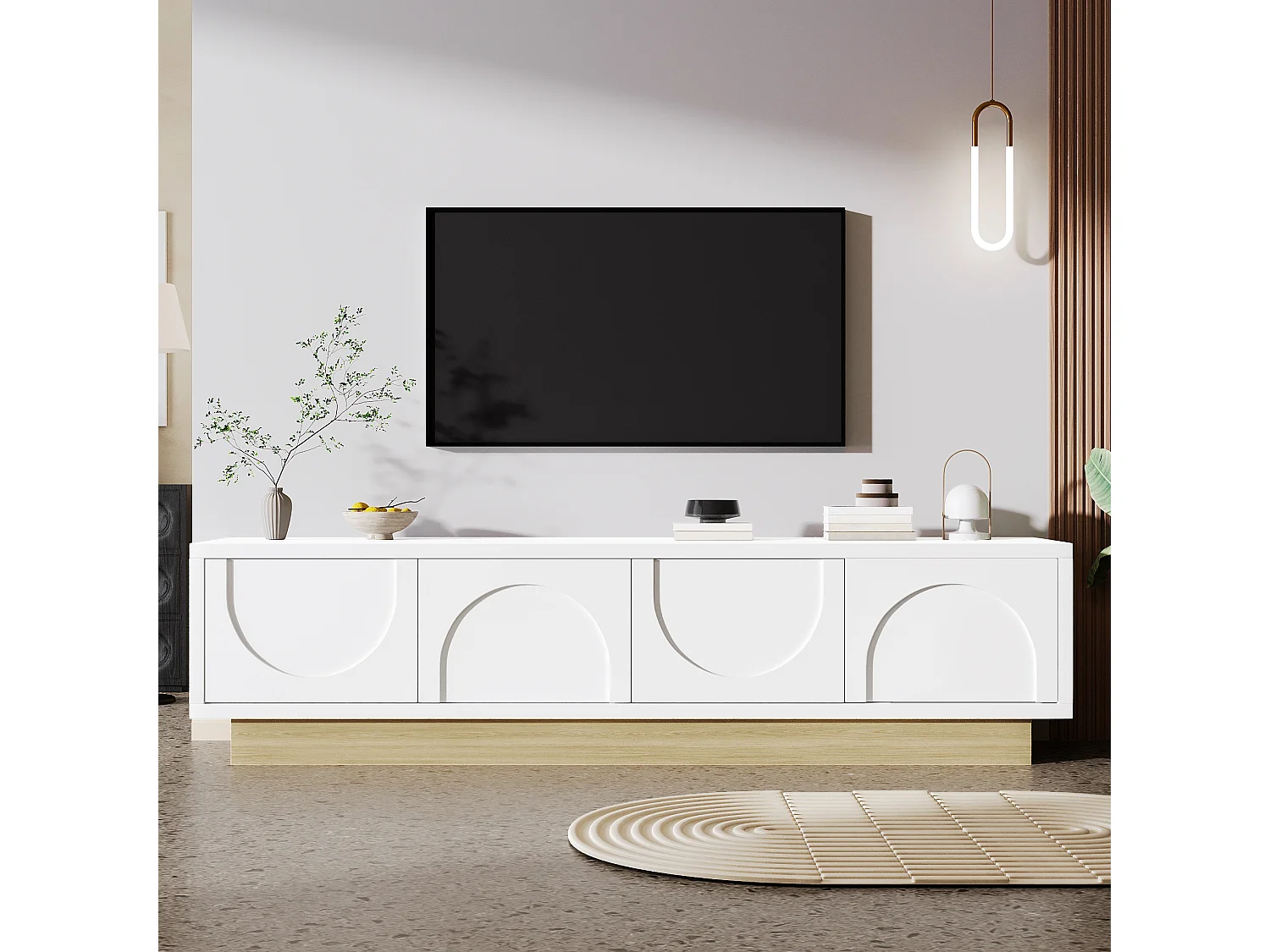 Meuble TV  moderne - 175 x 40 x 42 cm - Design incurvé minimaliste - avec 4 portes - MDF + aggloméré - blanc