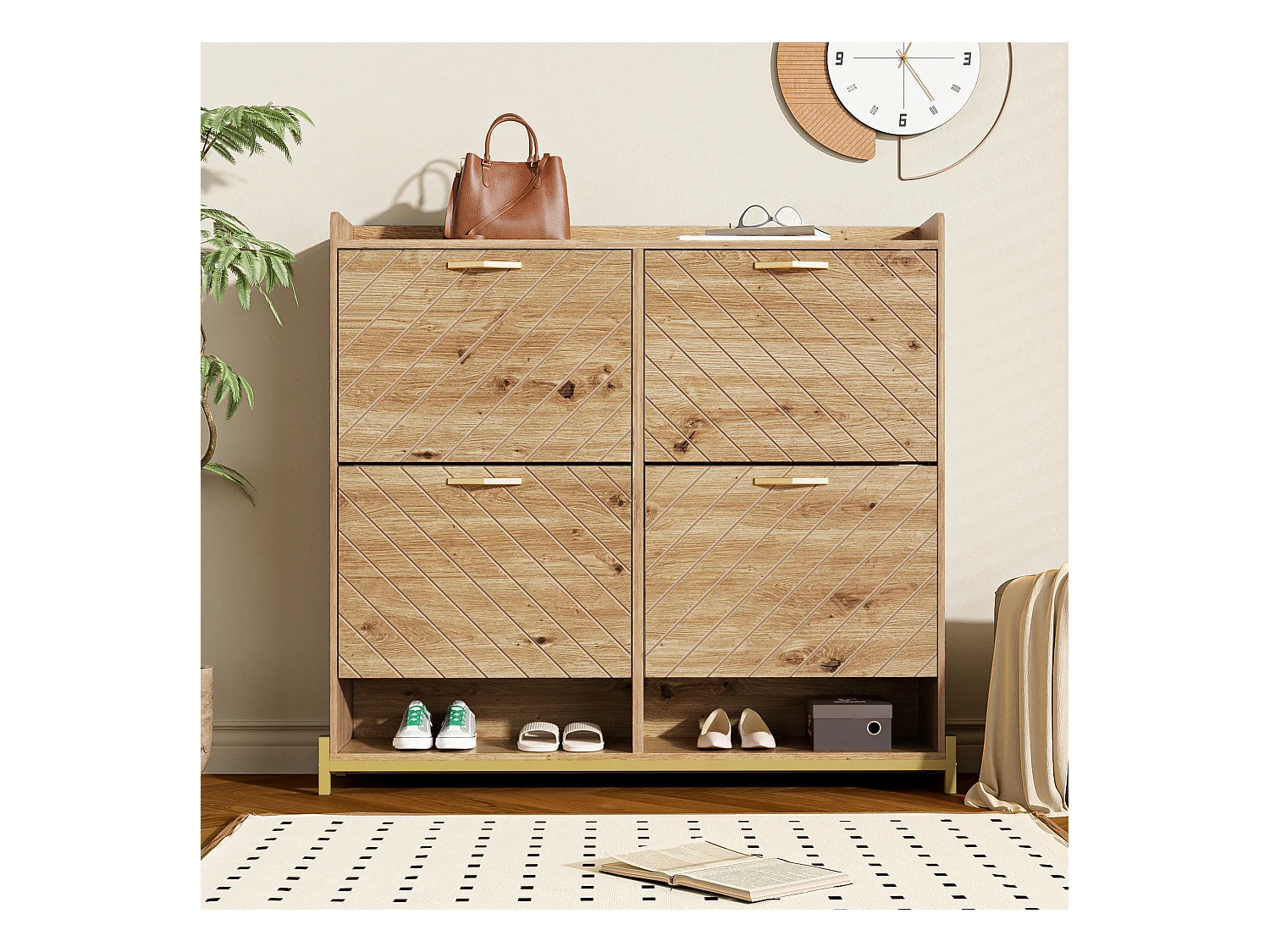 Meuble chaussures 4 portes - 108.5 x 24 x 100 cm -  pour l'entrée et couloir - MDF - naturel