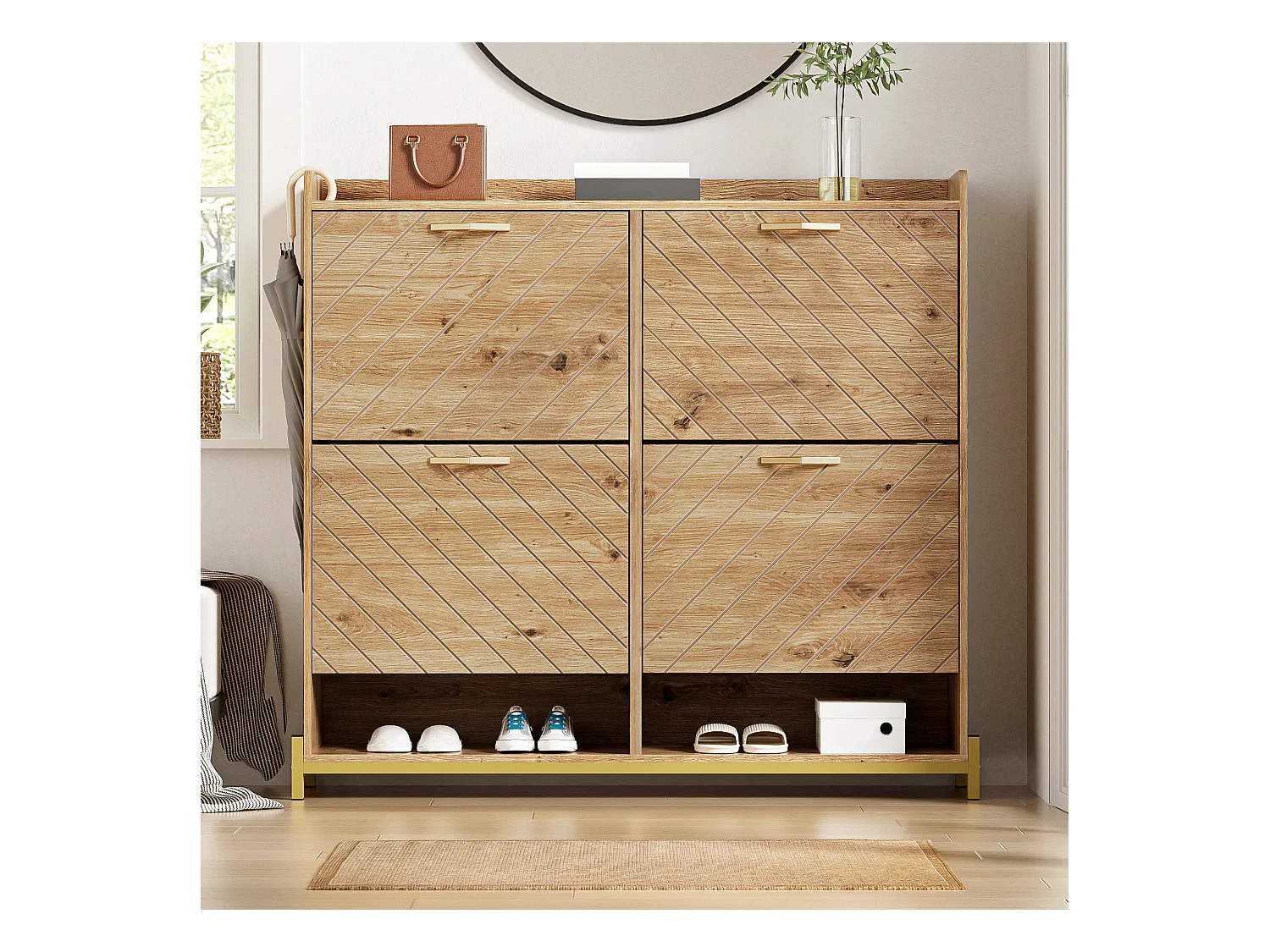 Meuble chaussures 4 portes - 108.5 x 24 x 100 cm -  pour l'entrée et couloir - MDF - naturel