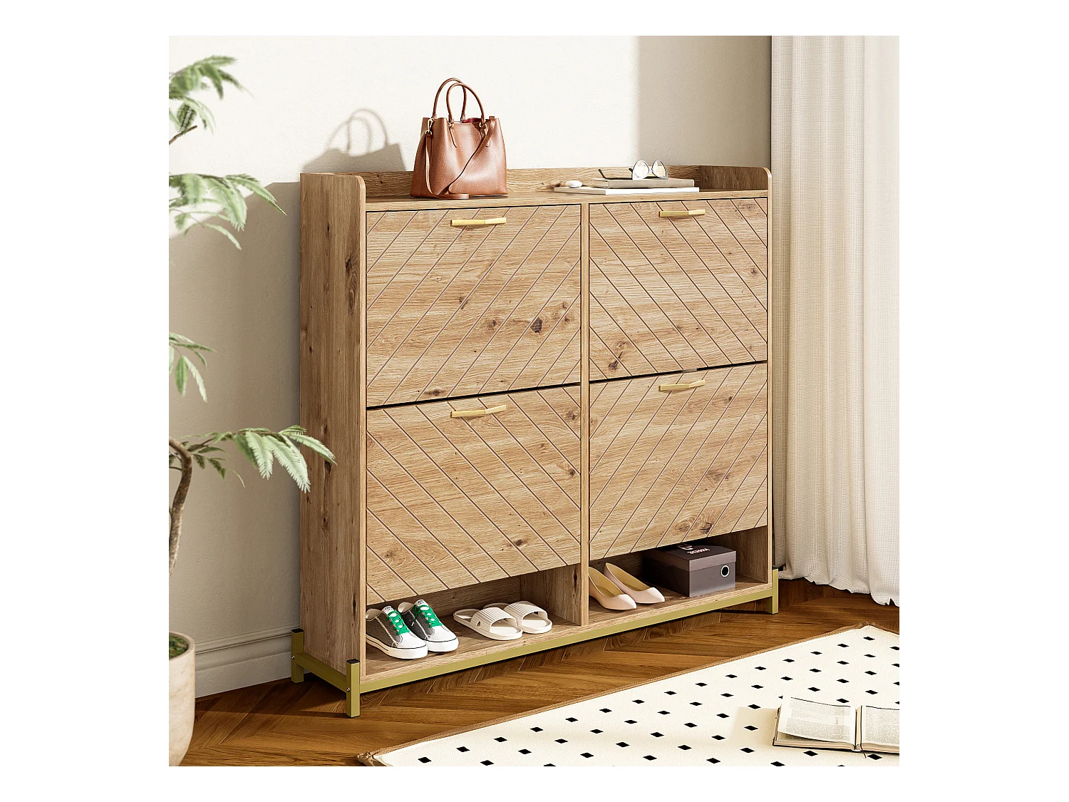 4-deurs schoenenkast - 108,5 x 24 x 100 cm - voor entree en hal - MDF - naturel