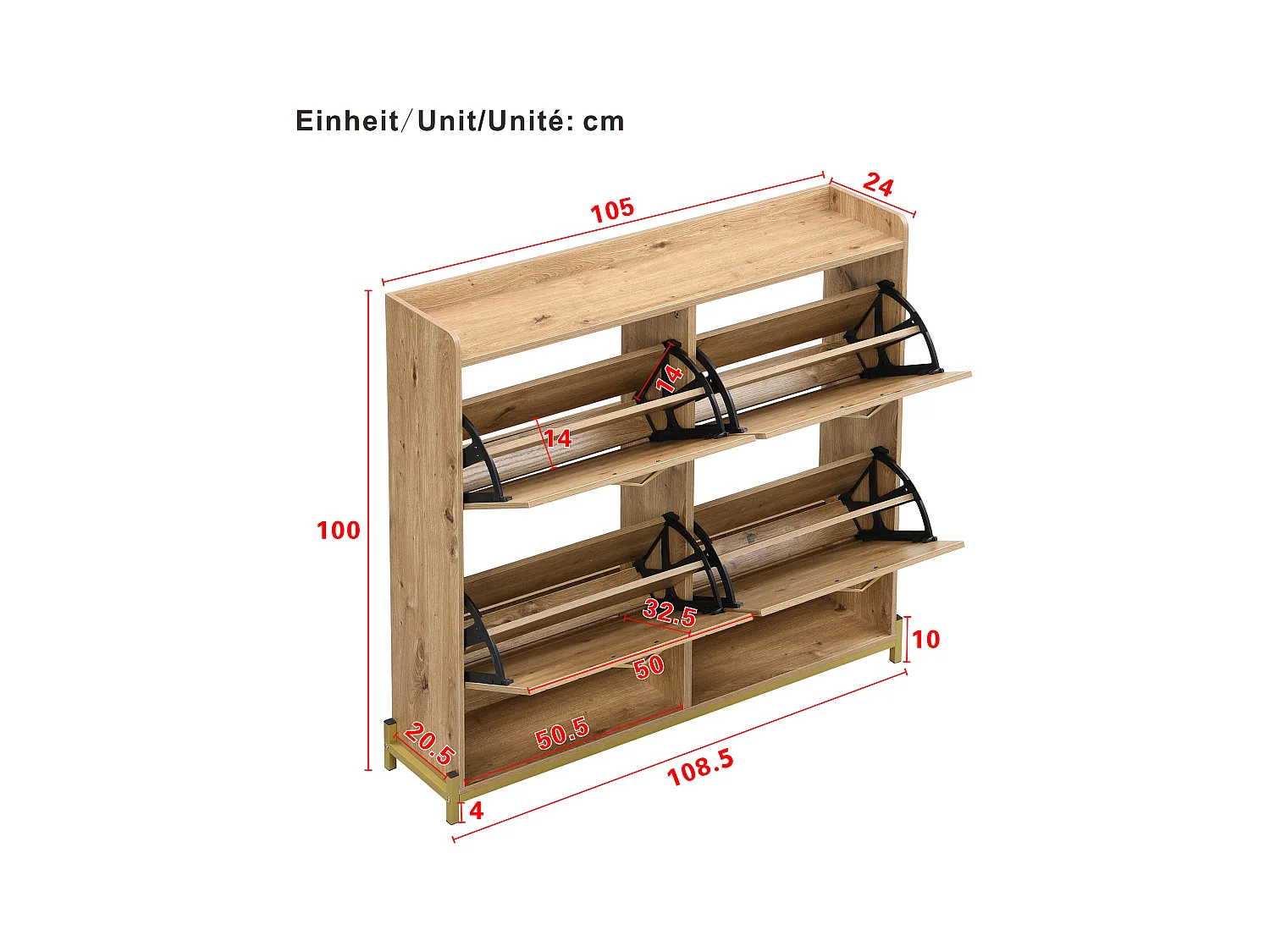 4-deurs schoenenkast - 108,5 x 24 x 100 cm - voor entree en hal - MDF - naturel
