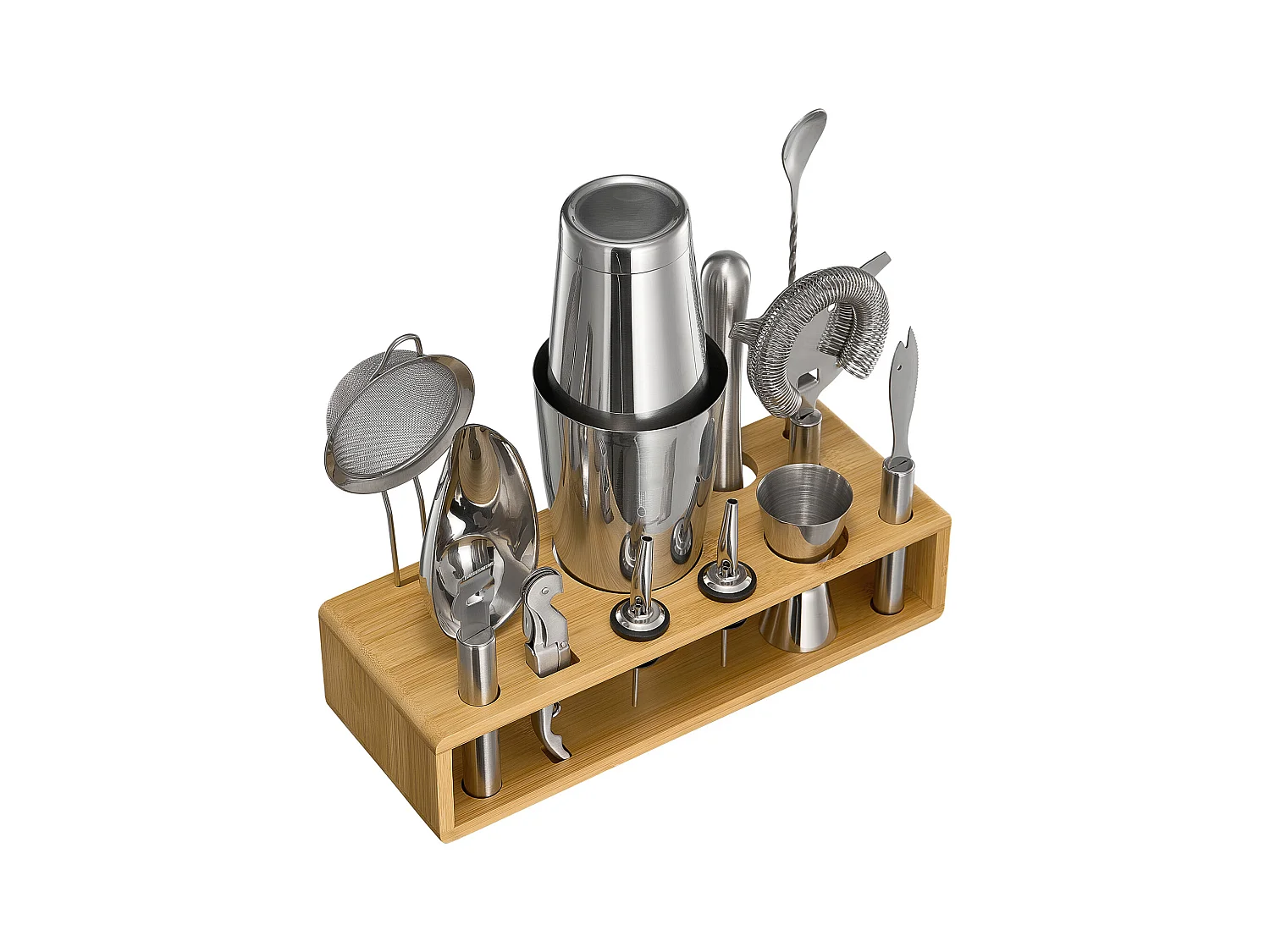 Cocktail SucceBuy Ensemble de 13 Pièces pour Cocktail, Kit de Barman en Acier Inoxydable Avec Support en Bambou, Cuillère à Mélanger, Doseur, Passoire, Argent