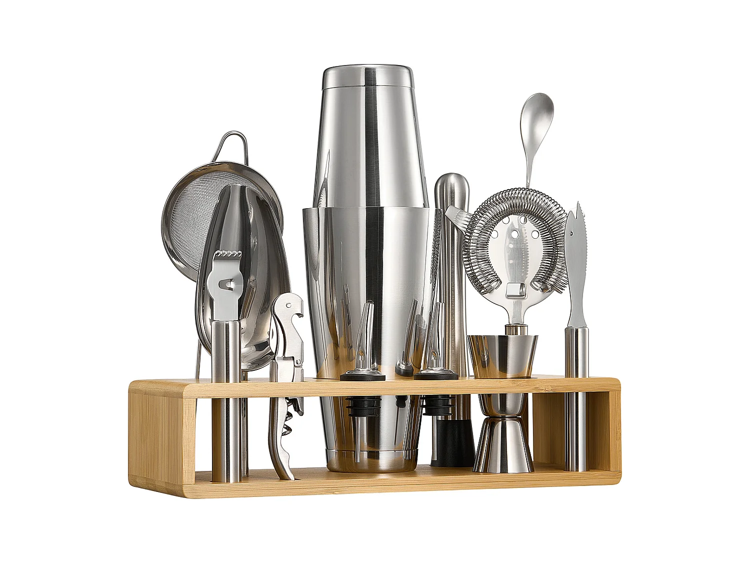Cocktail SucceBuy Ensemble de 13 Pièces pour Cocktail, Kit de Barman en Acier Inoxydable Avec Support en Bambou, Cuillère à Mélanger, Doseur, Passoire, Argent