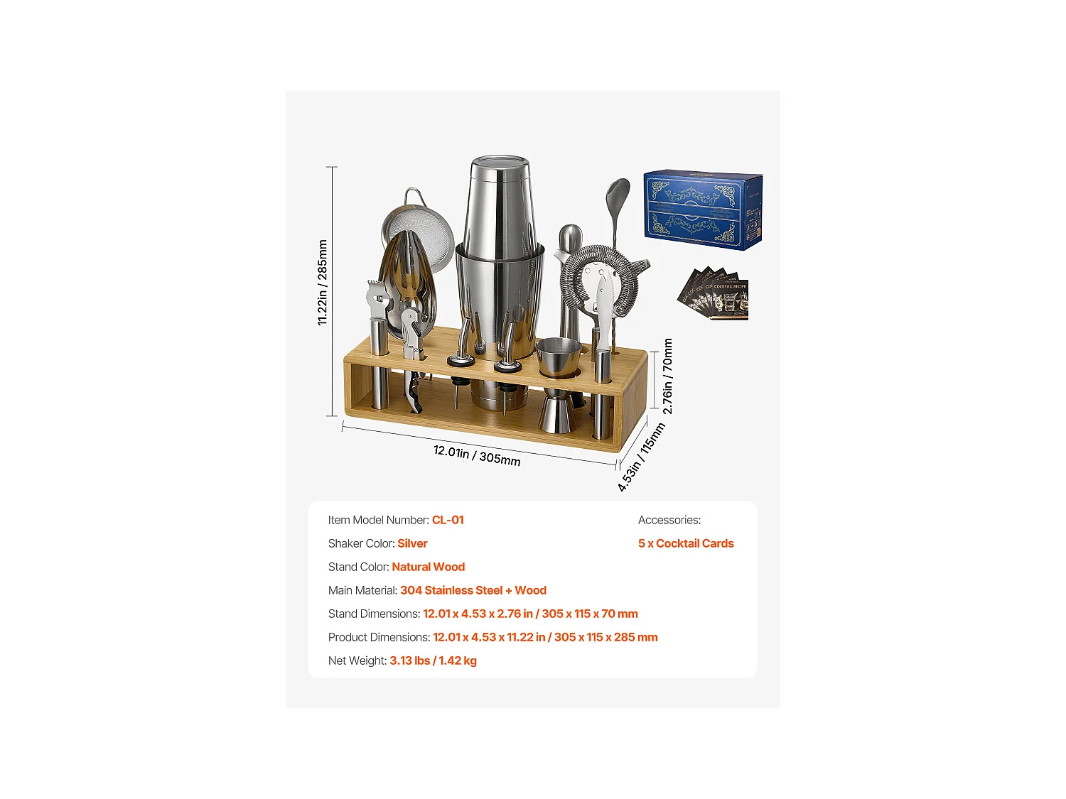 Cocktail SucceBuy Ensemble de 13 Pièces pour Cocktail, Kit de Barman en Acier Inoxydable Avec Support en Bambou, Cuillère à Mélanger, Doseur, Passoire, Argent