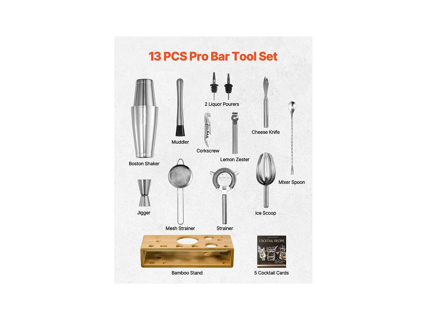 Cocktail SucceBuy Ensemble de 13 Pièces pour Cocktail, Kit de Barman en Acier Inoxydable Avec Support en Bambou, Cuillère à Mélanger, Doseur, Passoire, Argent