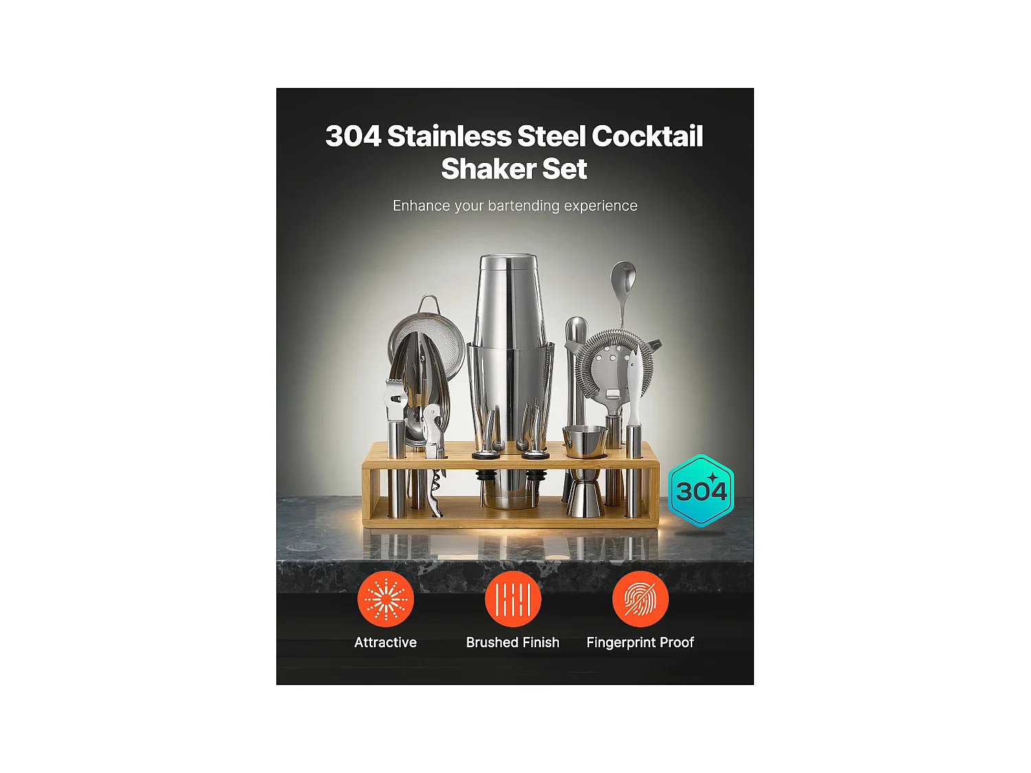 Cocktail SucceBuy Ensemble de 13 Pièces pour Cocktail, Kit de Barman en Acier Inoxydable Avec Support en Bambou, Cuillère à Mélanger, Doseur, Passoire, Argent