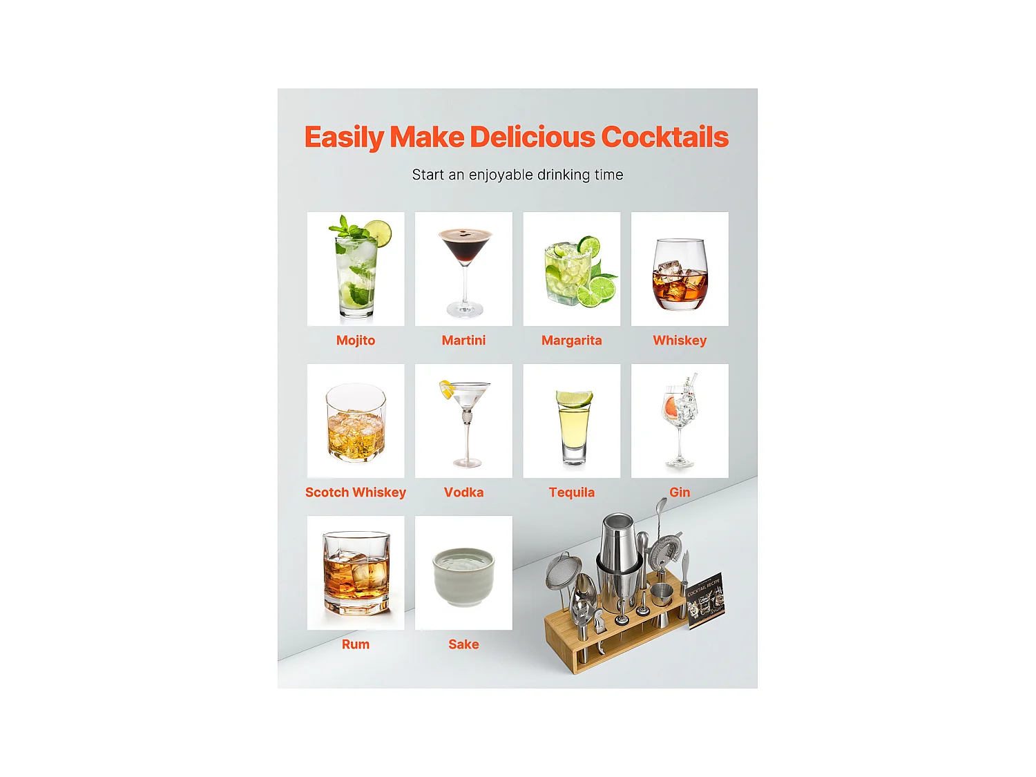 Cocktail SucceBuy Ensemble de 13 Pièces pour Cocktail, Kit de Barman en Acier Inoxydable Avec Support en Bambou, Cuillère à Mélanger, Doseur, Passoire, Argent