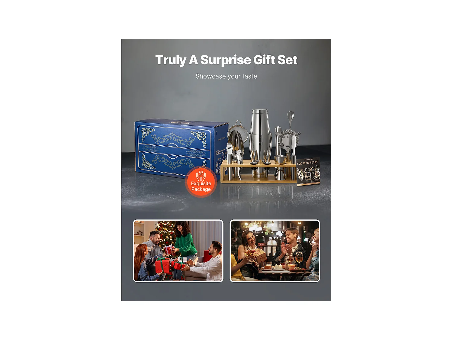 Cocktail SucceBuy Ensemble de 13 Pièces pour Cocktail, Kit de Barman en Acier Inoxydable Avec Support en Bambou, Cuillère à Mélanger, Doseur, Passoire, Argent