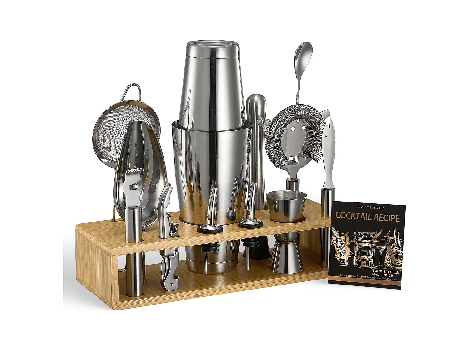 Cocktail SucceBuy Ensemble de 13 Pièces pour Cocktail, Kit de Barman en Acier Inoxydable Avec Support en Bambou, Cuillère à Mélanger, Doseur, Passoire, Argent