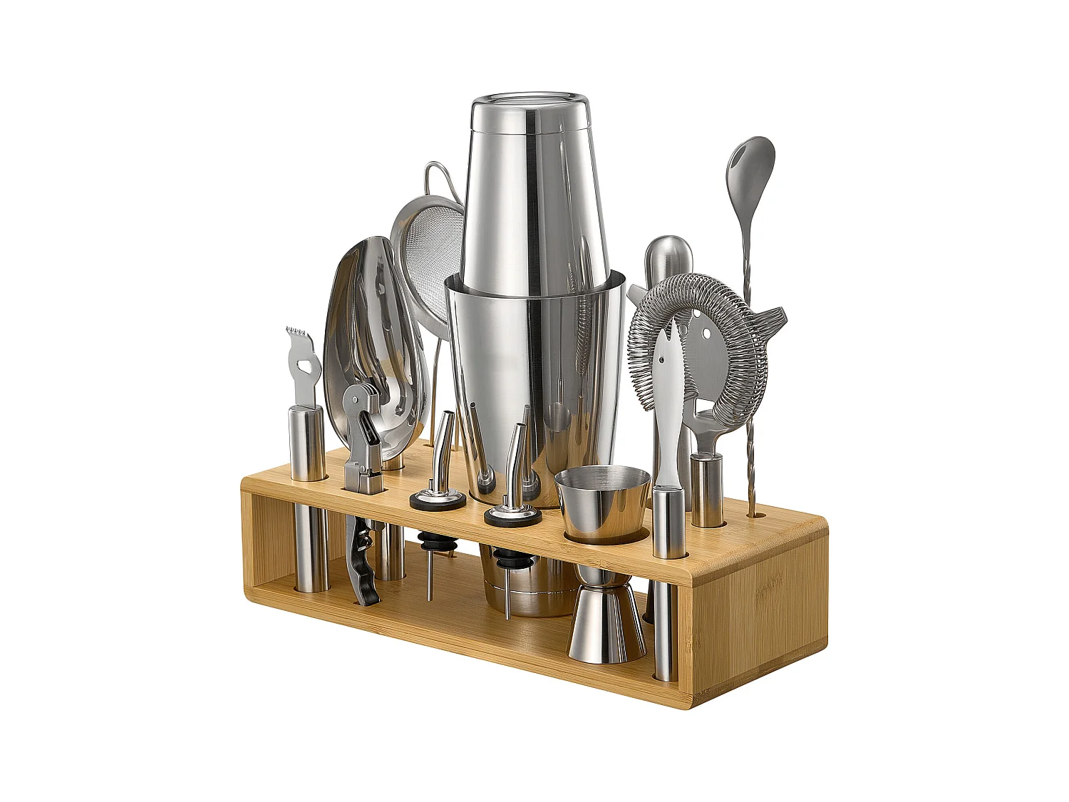 Cocktail SucceBuy Ensemble de 13 Pièces pour Cocktail, Kit de Barman en Acier Inoxydable Avec Support en Bambou, Cuillère à Mélanger, Doseur, Passoire, Argent