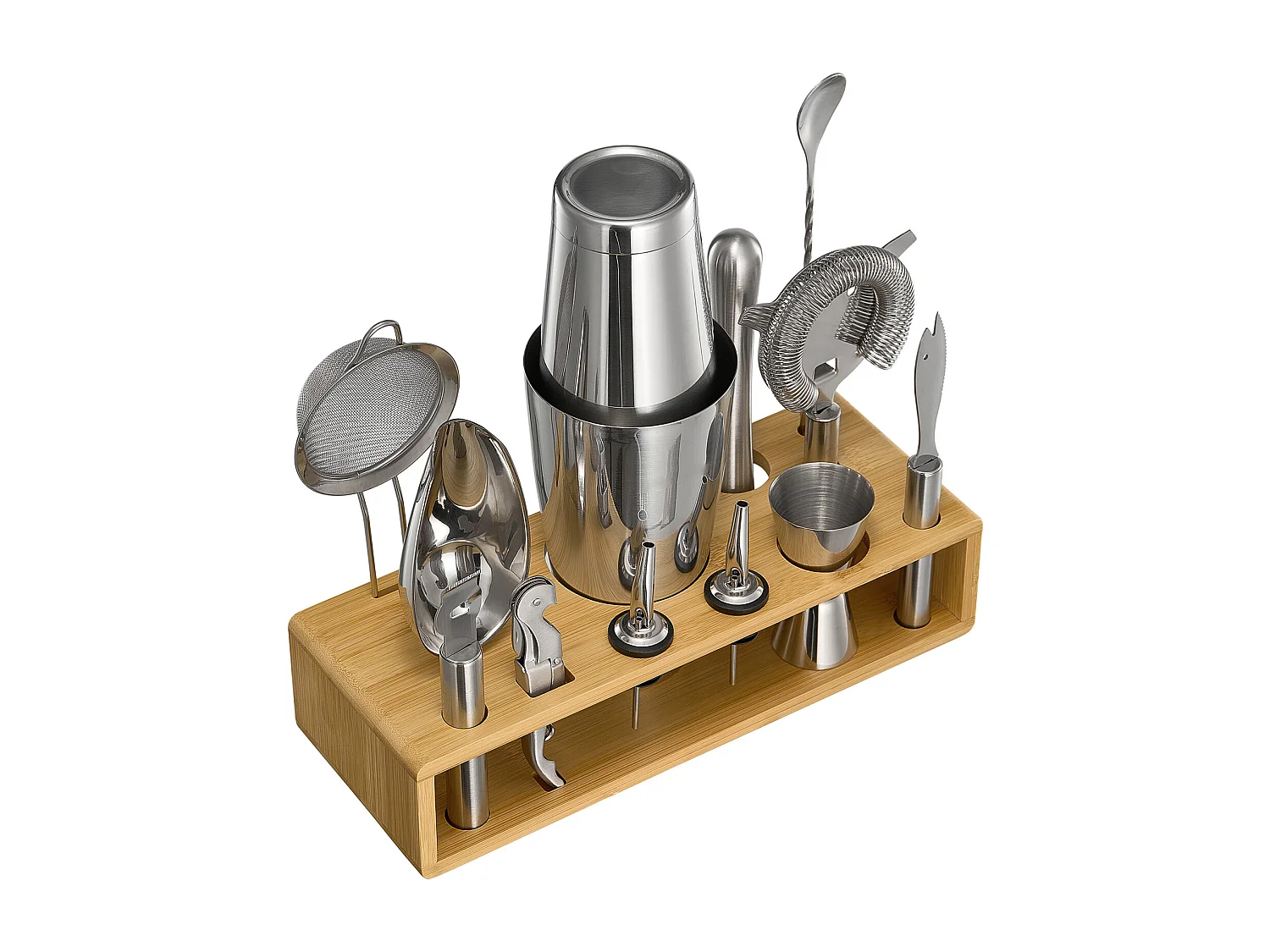 Cocktail SucceBuy 13-Teiliges Cocktail-Set, Barkeeper-Set aus Edelstahl mit Bambusständer, Rührlöffel, Messbecher, Sieb, Silber, Nettogewicht 1,42 kg