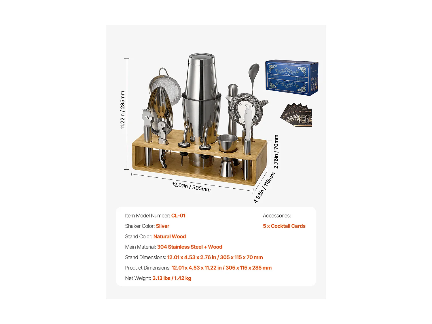 Cocktail SucceBuy 13-Teiliges Cocktail-Set, Barkeeper-Set aus Edelstahl mit Bambusständer, Rührlöffel, Messbecher, Sieb, Silber, Nettogewicht 1,42 kg