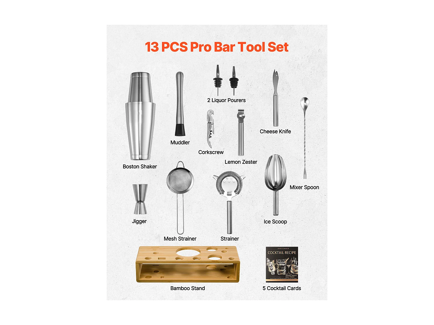 Cocktail SucceBuy 13-Teiliges Cocktail-Set, Barkeeper-Set aus Edelstahl mit Bambusständer, Rührlöffel, Messbecher, Sieb, Silber, Nettogewicht 1,42 kg