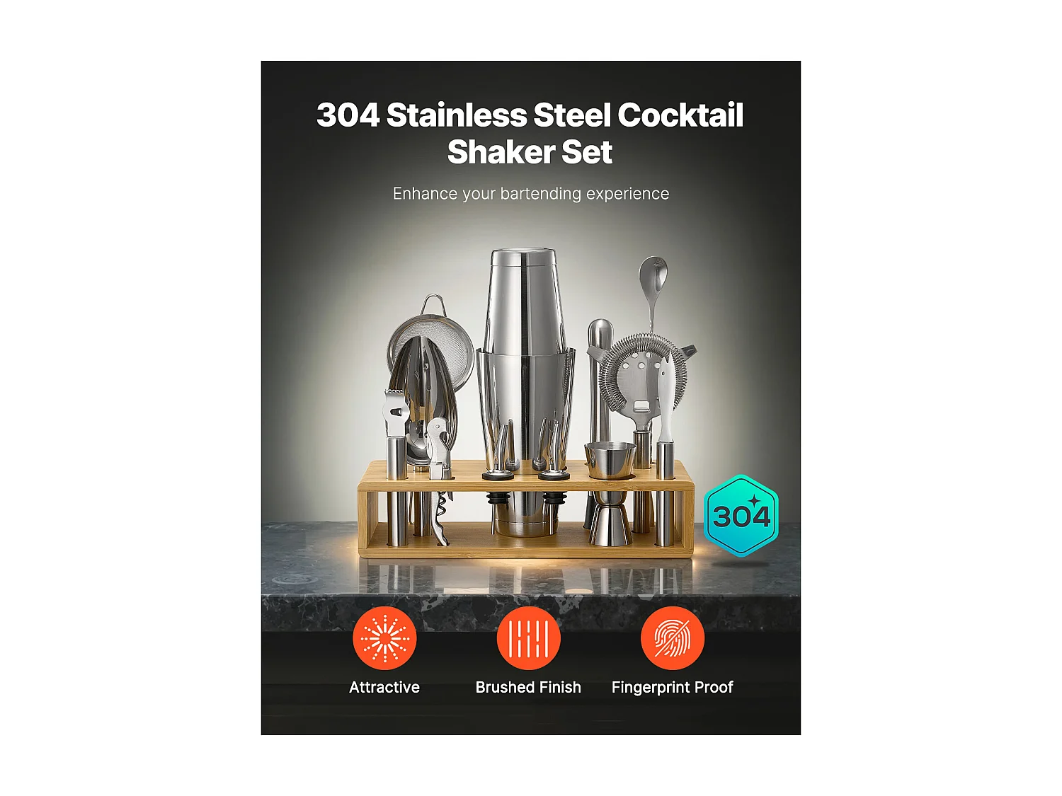 Cocktail SucceBuy 13-Teiliges Cocktail-Set, Barkeeper-Set aus Edelstahl mit Bambusständer, Rührlöffel, Messbecher, Sieb, Silber, Nettogewicht 1,42 kg
