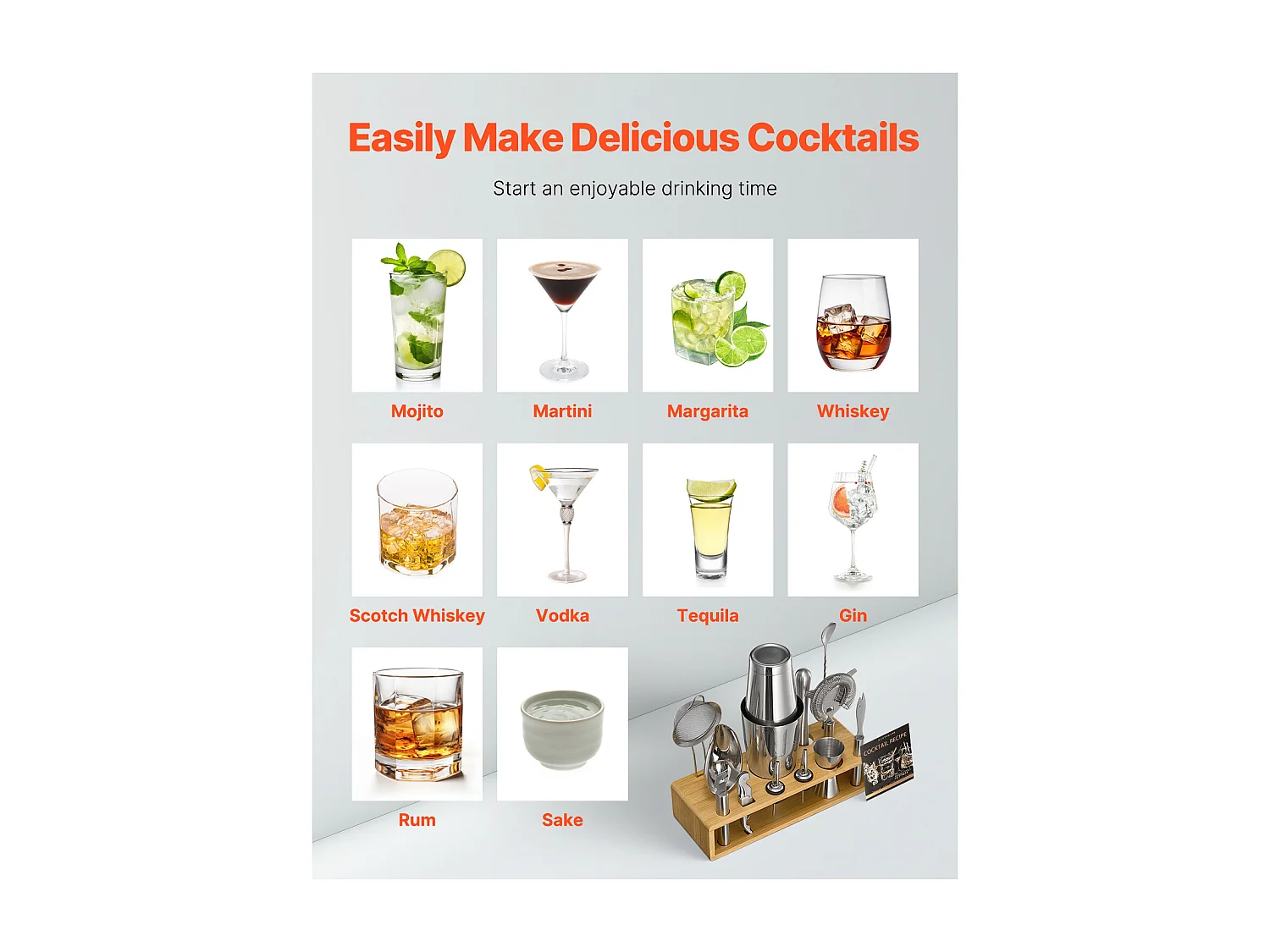 Cocktail SucceBuy 13-Teiliges Cocktail-Set, Barkeeper-Set aus Edelstahl mit Bambusständer, Rührlöffel, Messbecher, Sieb, Silber, Nettogewicht 1,42 kg