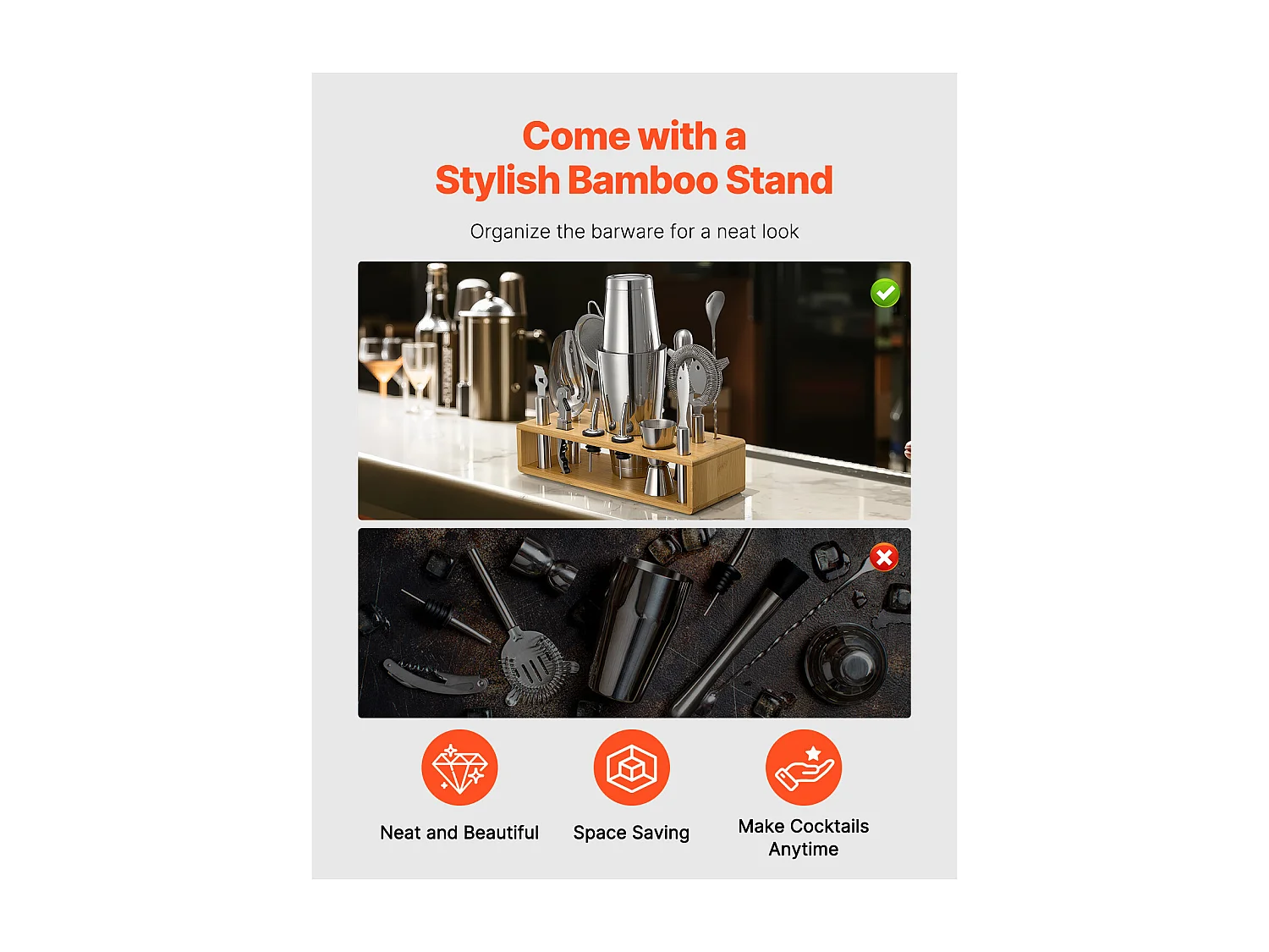 Cocktail SucceBuy 13-Teiliges Cocktail-Set, Barkeeper-Set aus Edelstahl mit Bambusständer, Rührlöffel, Messbecher, Sieb, Silber, Nettogewicht 1,42 kg