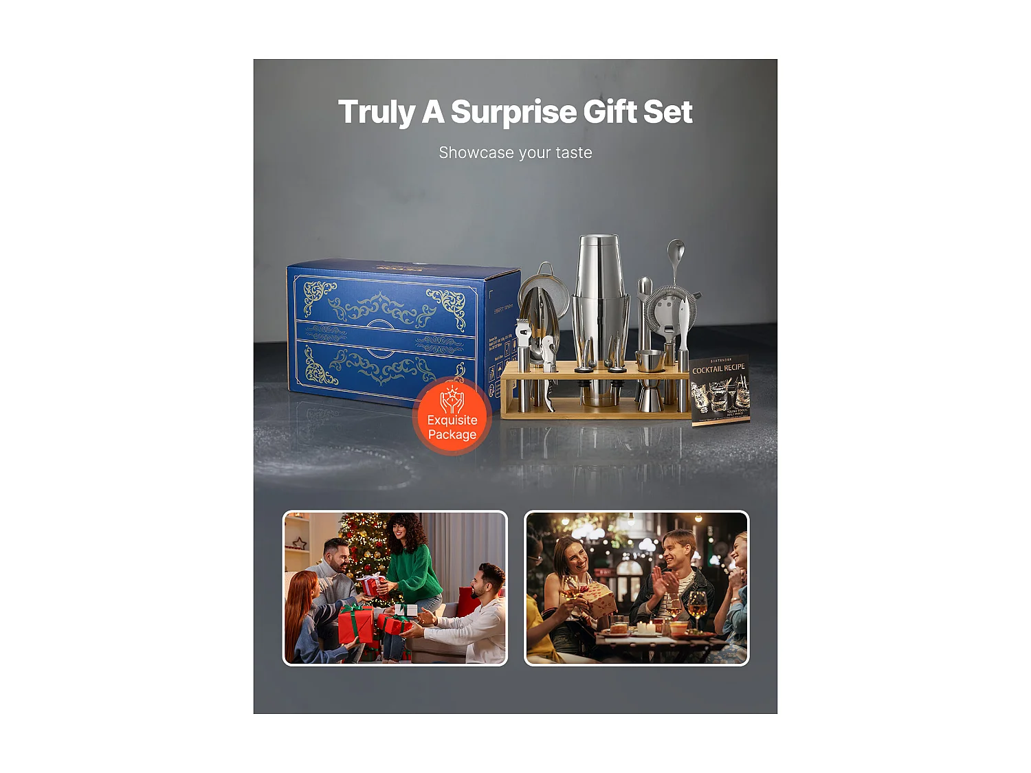 Cocktail SucceBuy 13-Teiliges Cocktail-Set, Barkeeper-Set aus Edelstahl mit Bambusständer, Rührlöffel, Messbecher, Sieb, Silber, Nettogewicht 1,42 kg