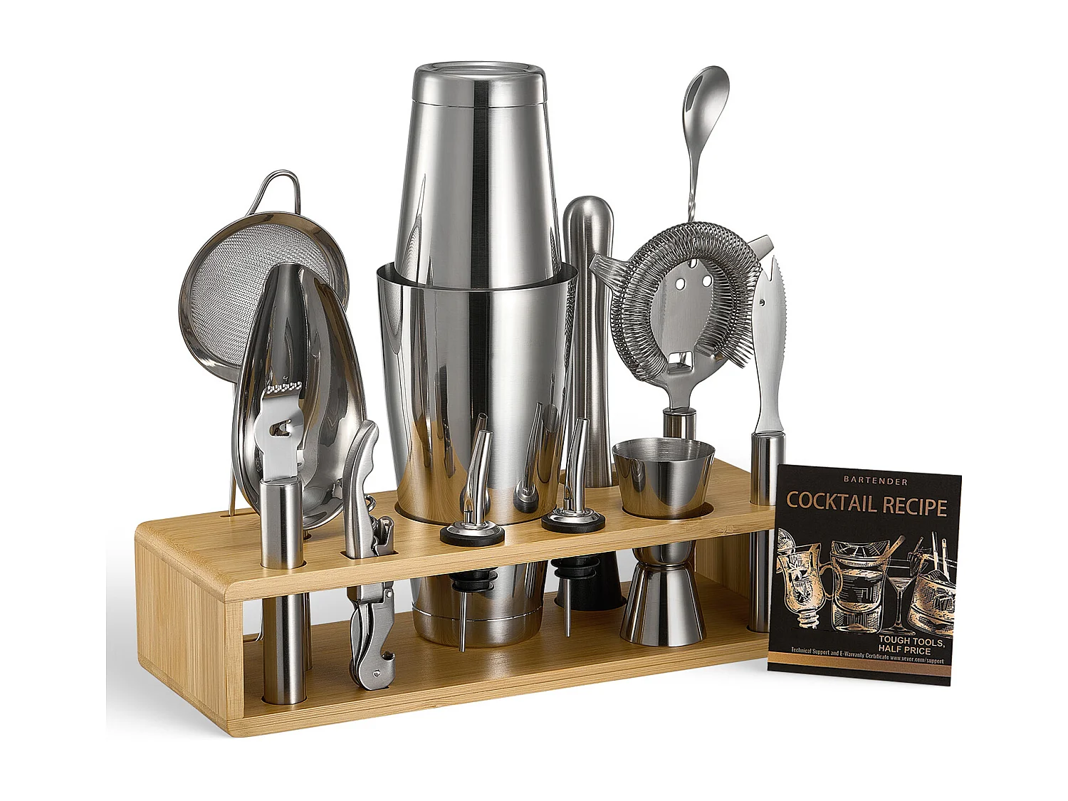 Cocktail SucceBuy 13-Teiliges Cocktail-Set, Barkeeper-Set aus Edelstahl mit Bambusständer, Rührlöffel, Messbecher, Sieb, Silber, Nettogewicht 1,42 kg