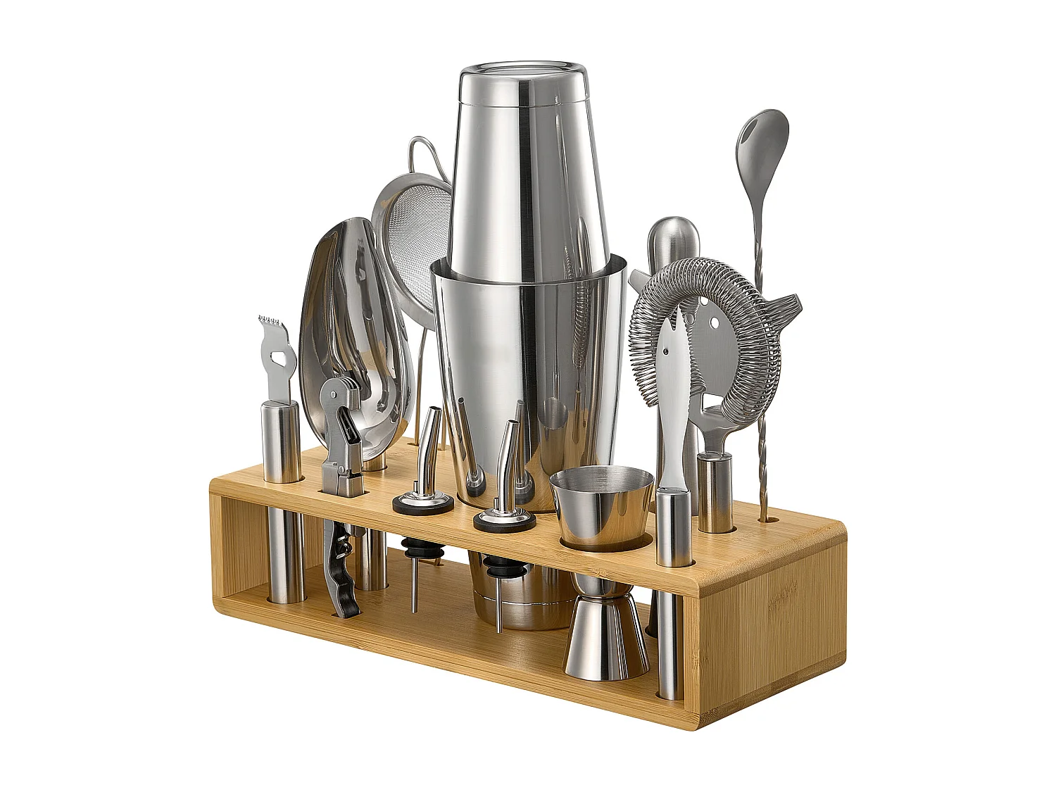 Cocktail SucceBuy 13-Teiliges Cocktail-Set, Barkeeper-Set aus Edelstahl mit Bambusständer, Rührlöffel, Messbecher, Sieb, Silber, Nettogewicht 1,42 kg