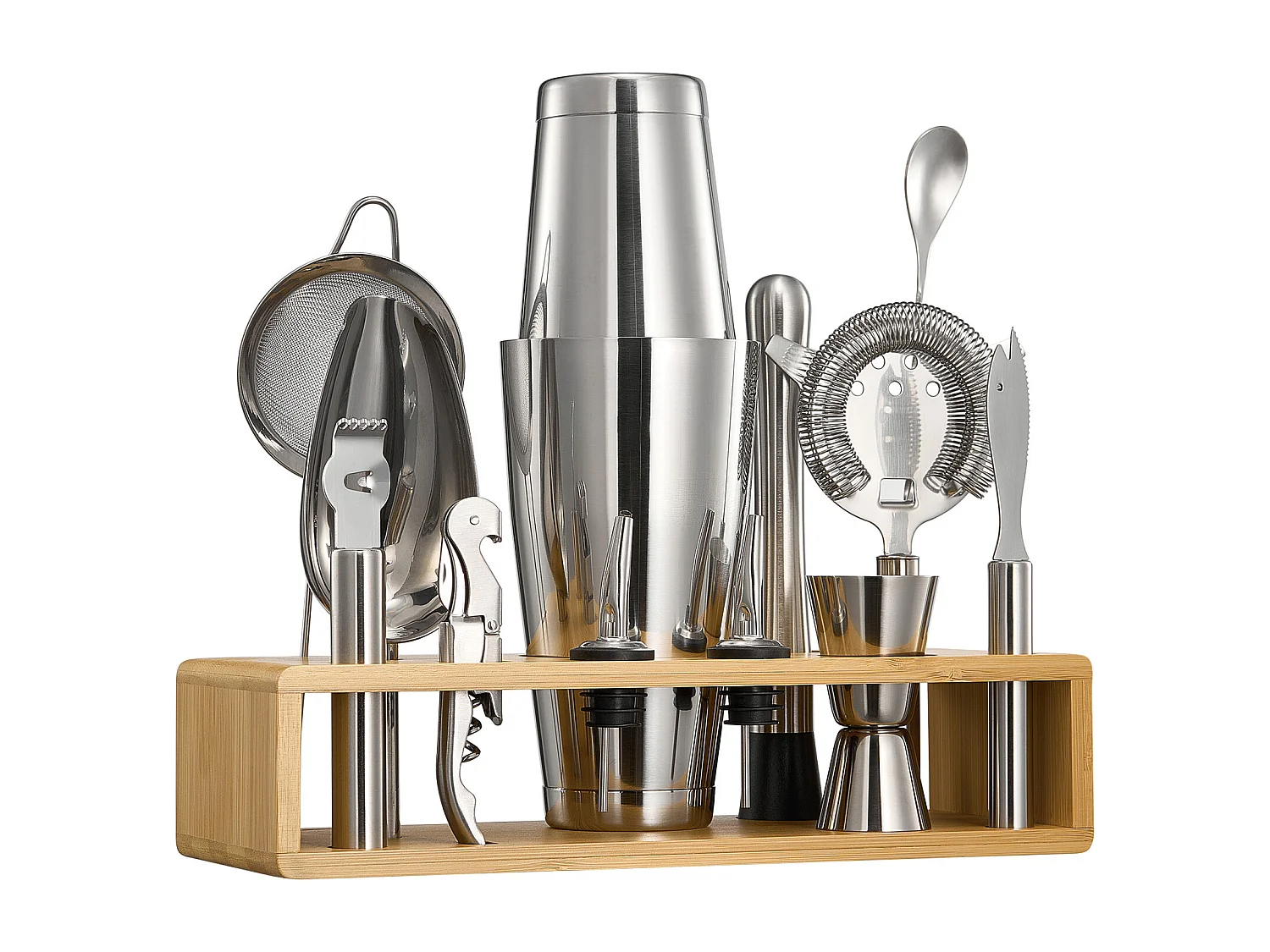 Cocktail SucceBuy 13-Teiliges Cocktail-Set, Barkeeper-Set aus Edelstahl mit Bambusständer, Rührlöffel, Messbecher, Sieb, Silber, Nettogewicht 1,42 kg