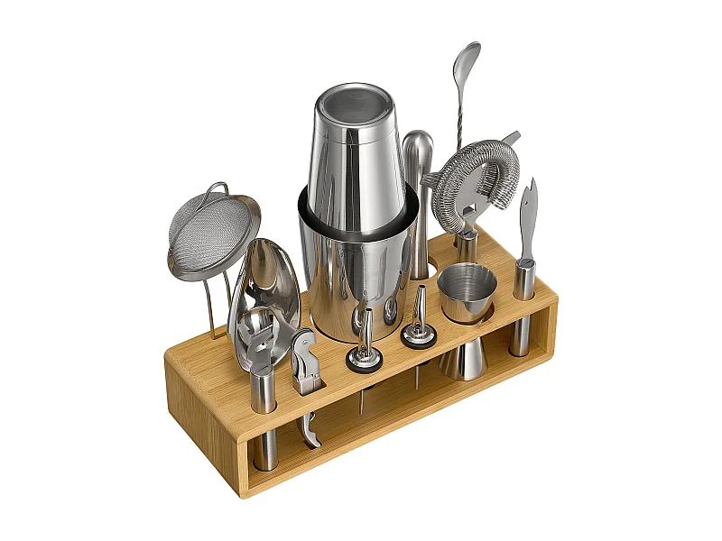 Cocktail SucceBuy 13-Teiliges Cocktail-Set, Barkeeper-Set aus Edelstahl mit Bambusständer, Rührlöffel, Messbecher, Sieb, Silber, Nettogewicht 1,42 kg