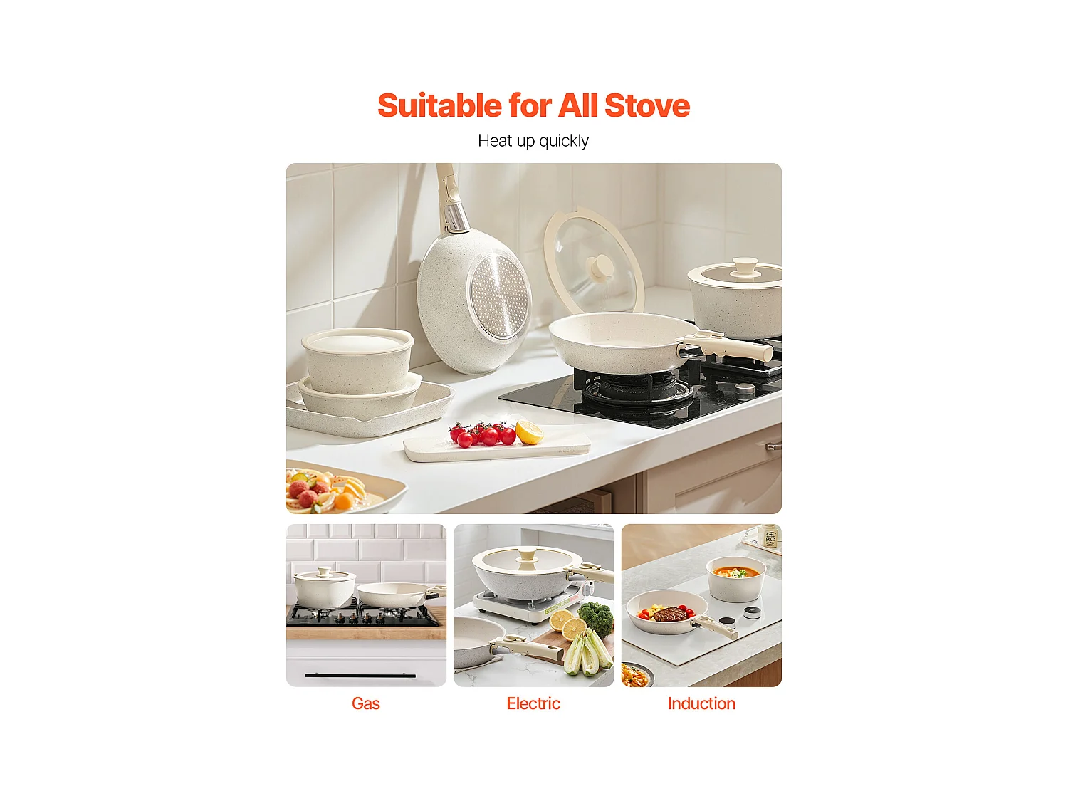 Batterie de Cuisine SucceBuy Batterie de Cuisine en Granit Antiadhésif de 17 Pièces pour Cuisine, Blanc