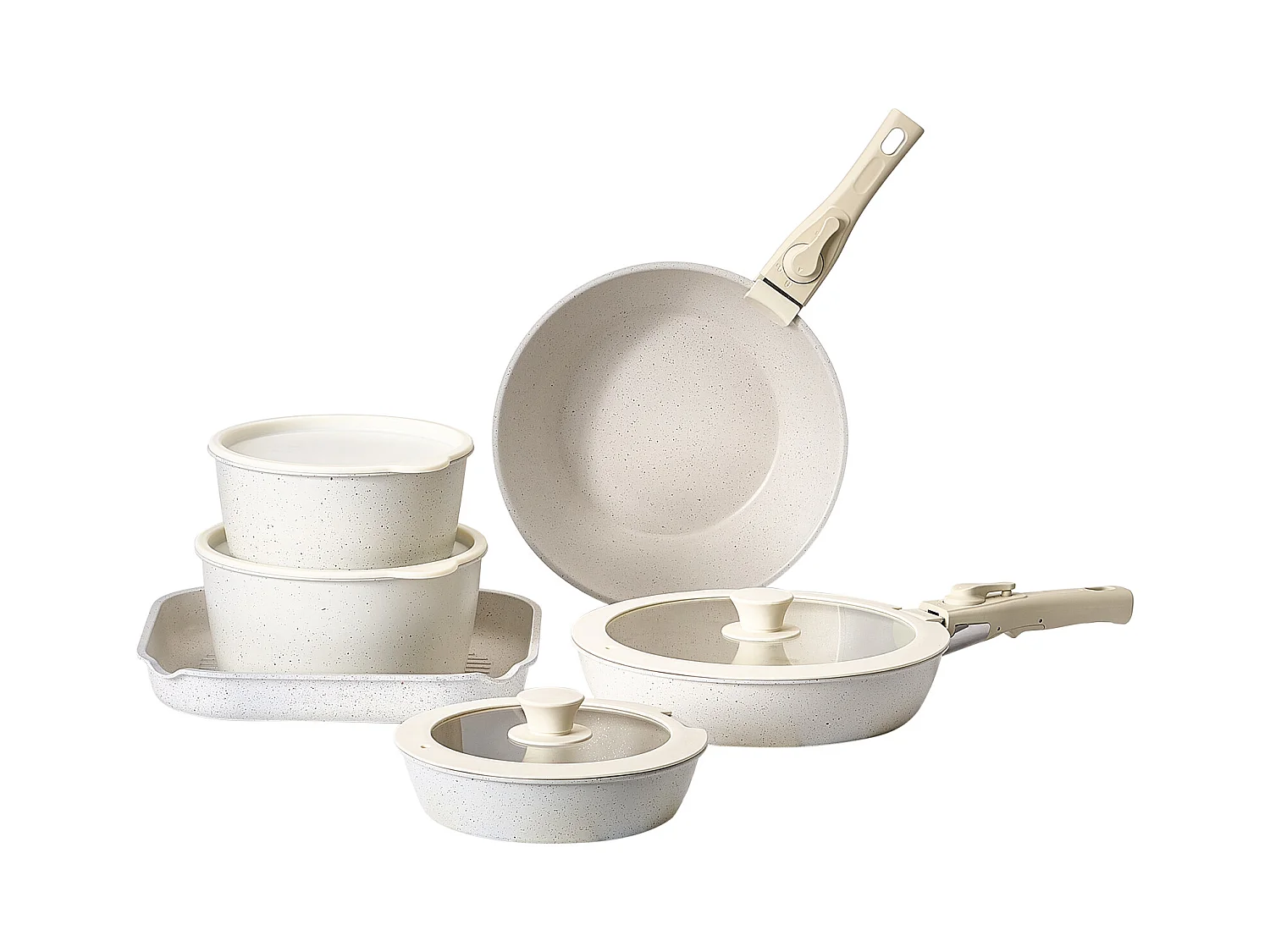 Batterie de Cuisine SucceBuy Batterie de Cuisine en Granit Antiadhésif de 17 Pièces pour Cuisine, Blanc